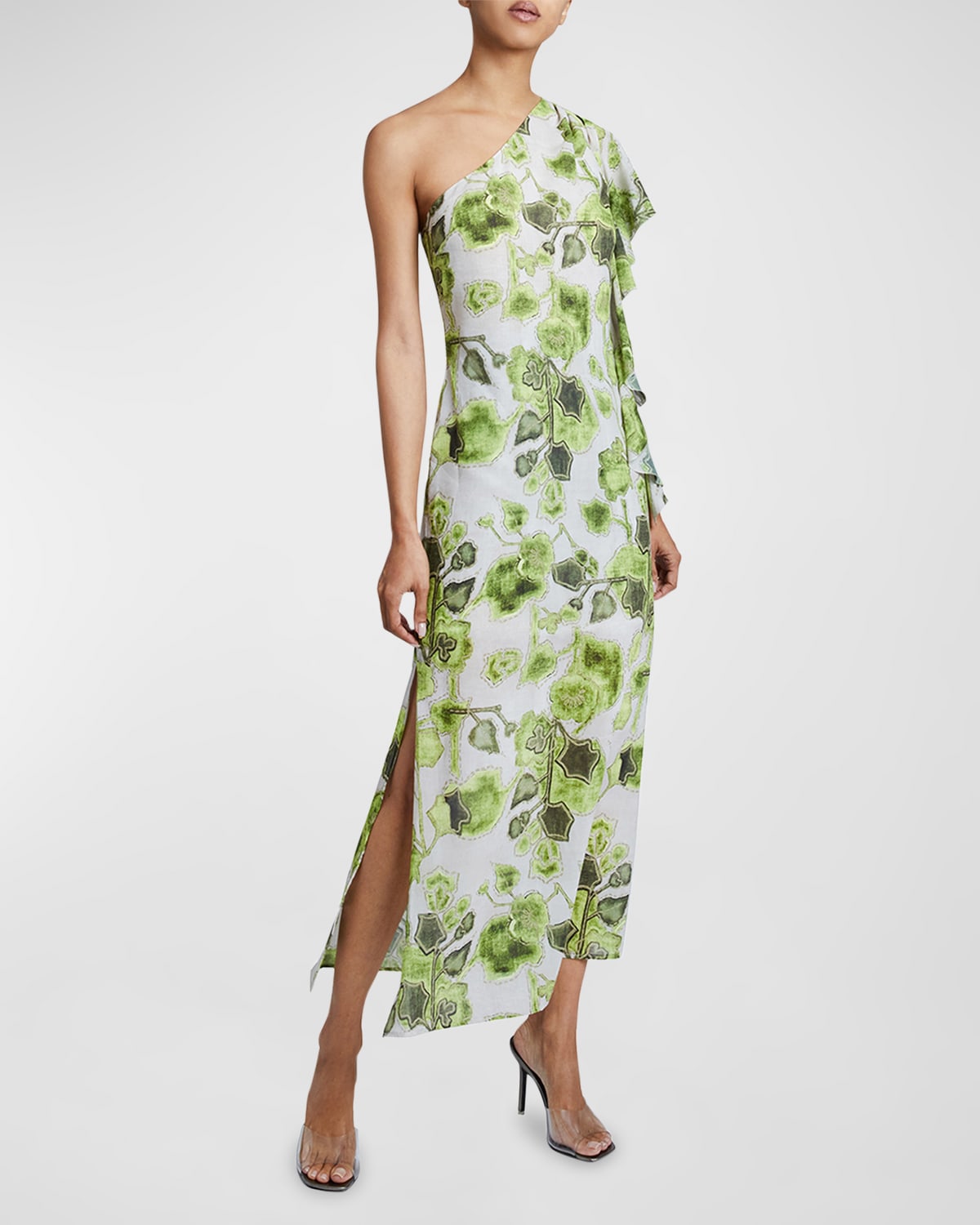 Shop Santorelli Luna One-shoulder Floral-print Midi Dress In Moss