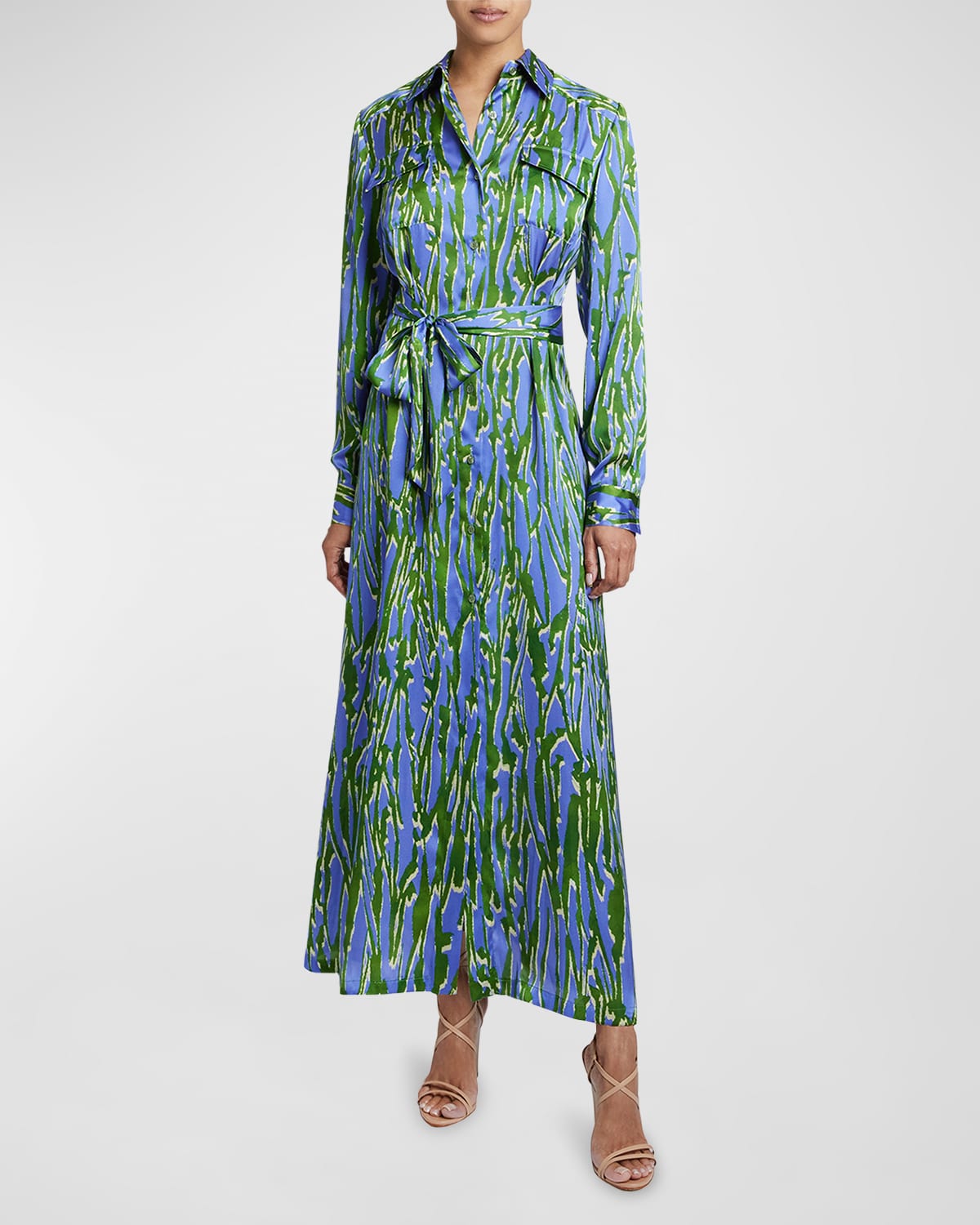 Shop Santorelli Zara Abstract-print Charmeuse Maxi Shirtdress In Iris