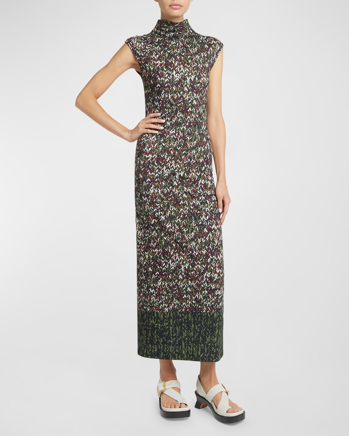 Shop Loewe Yarn-print Jersey Mock-neck Column Dress In Kha Mlti