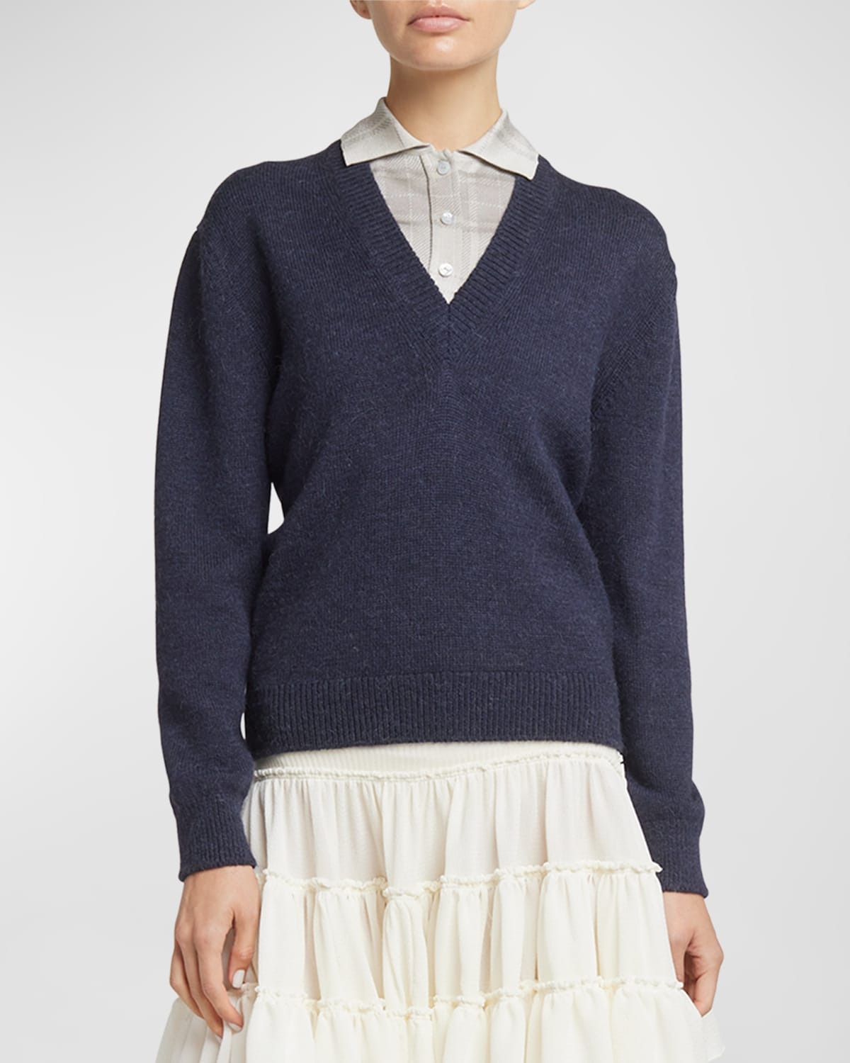 Shop Loewe Layered Plaid Shirt Wool Sweater In Navy Grey