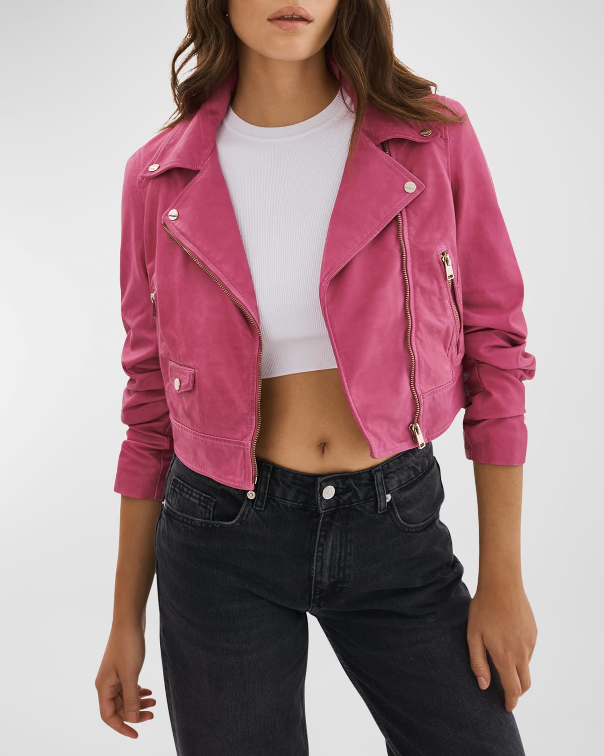 Lamarque Janika Gathered Crop-sleeve Suede Leather Crop Moto Jacket In Super Pink