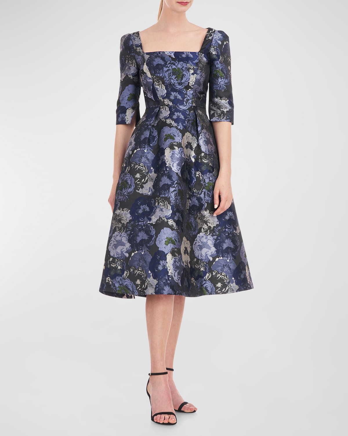Shop Kay Unger Piper Pleated Floral Jacquard Midi Dress In Cornflower