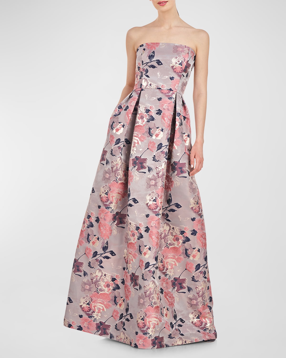 Kay Unger Hera Strapless Pleated Floral Jacquard Gown In Tulipwood