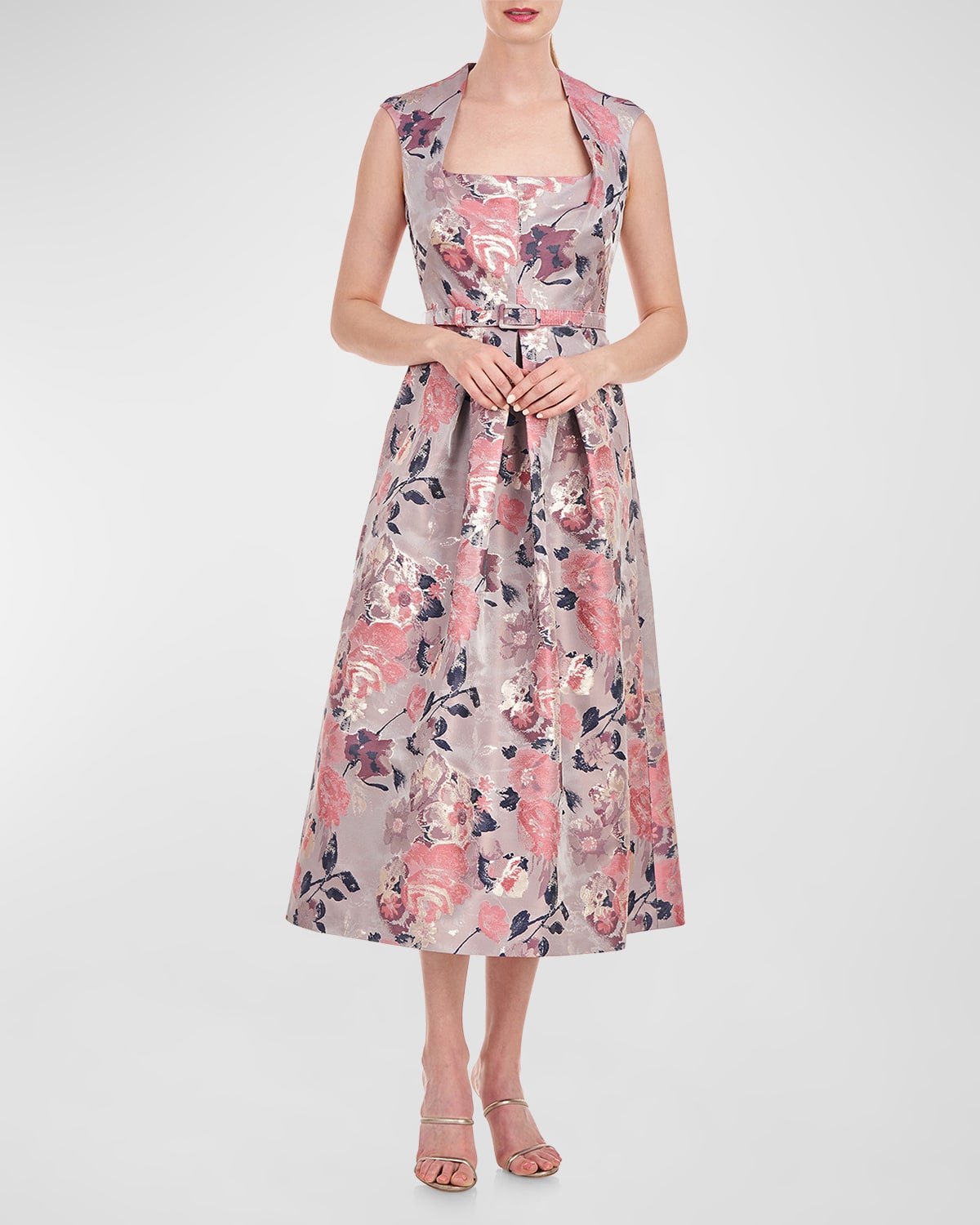 Shop Kay Unger Lizabeth Pleated Floral Jacquard Midi Dress In Tulipwood