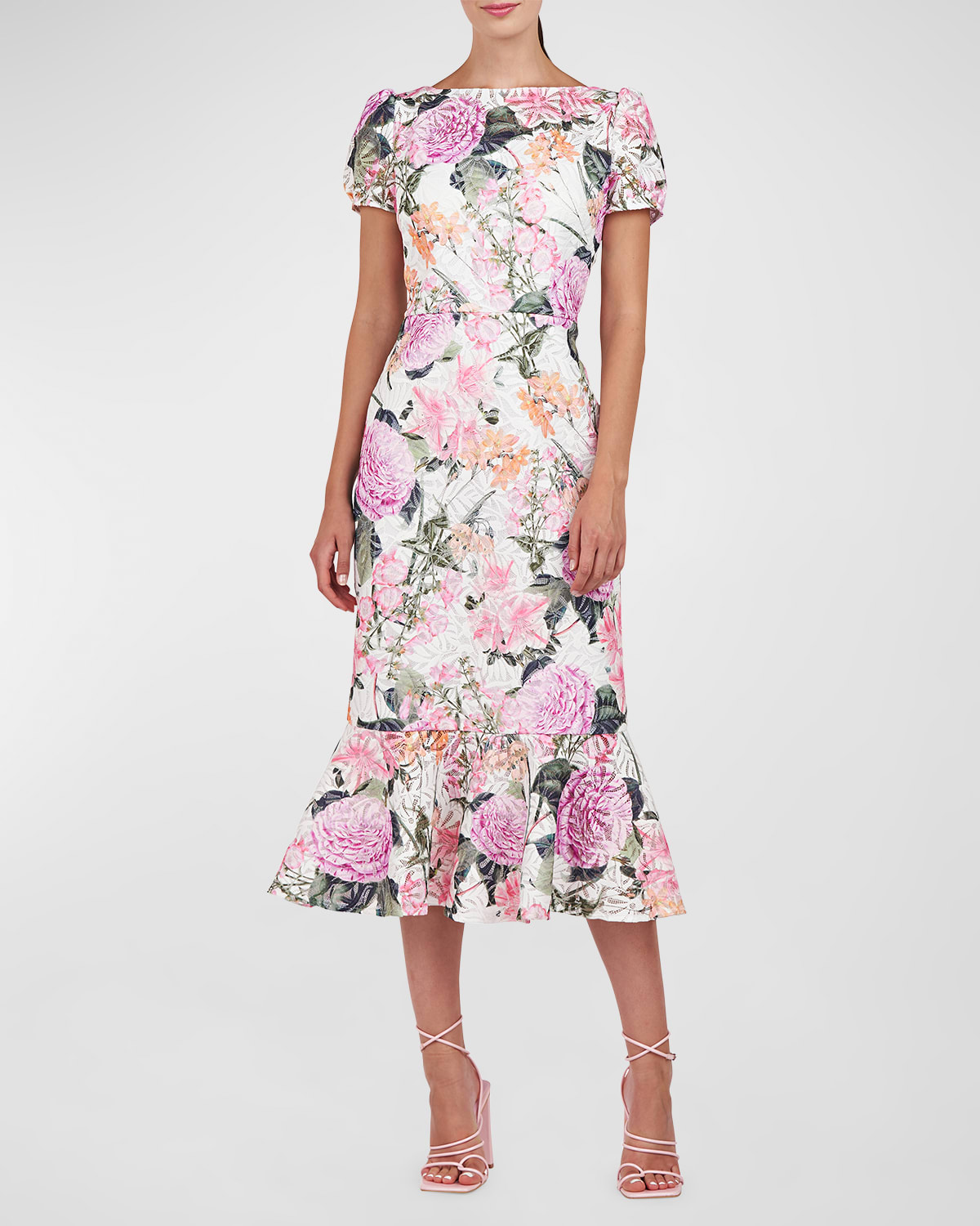Floral-Print Lace Flounce Midi Dress