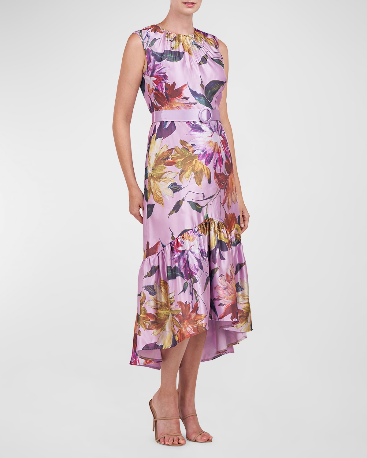 Beatrix Ruched Floral-Print High-Low Midi Dress