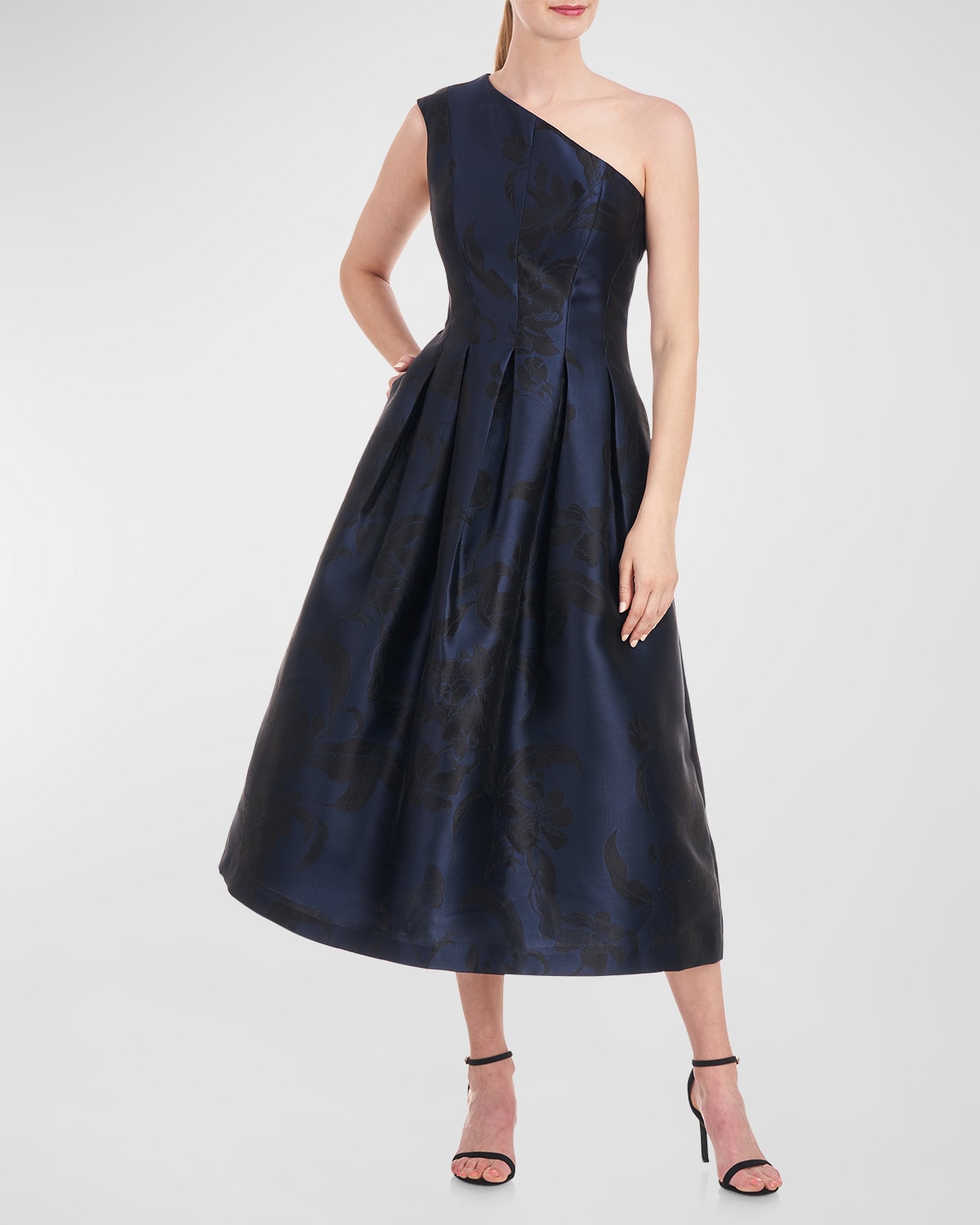Kay Unger Carlan Pleated One-shoulder Jacquard Midi Dress In Night Blue