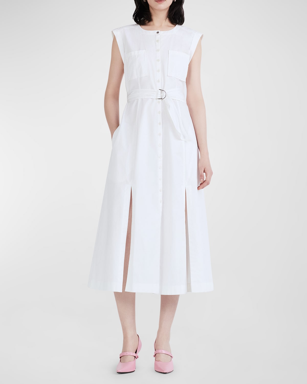 Shop Derek Lam 10 Crosby Karina Cap-sleeve Belted Shirtdress In Blanc De Blanc