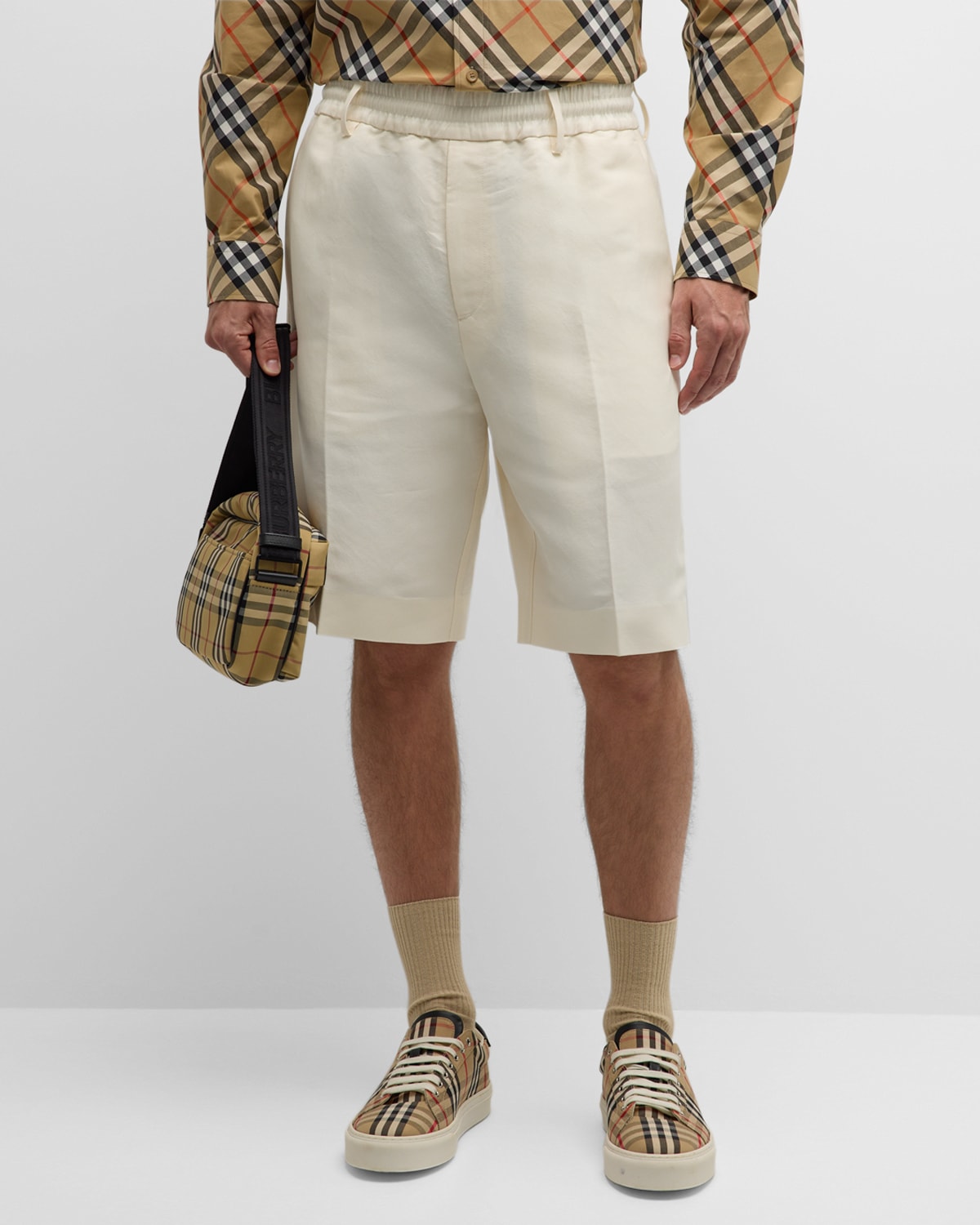 Shop Burberry Men's Long Tailored Elastic-waist Shorts In Pearl