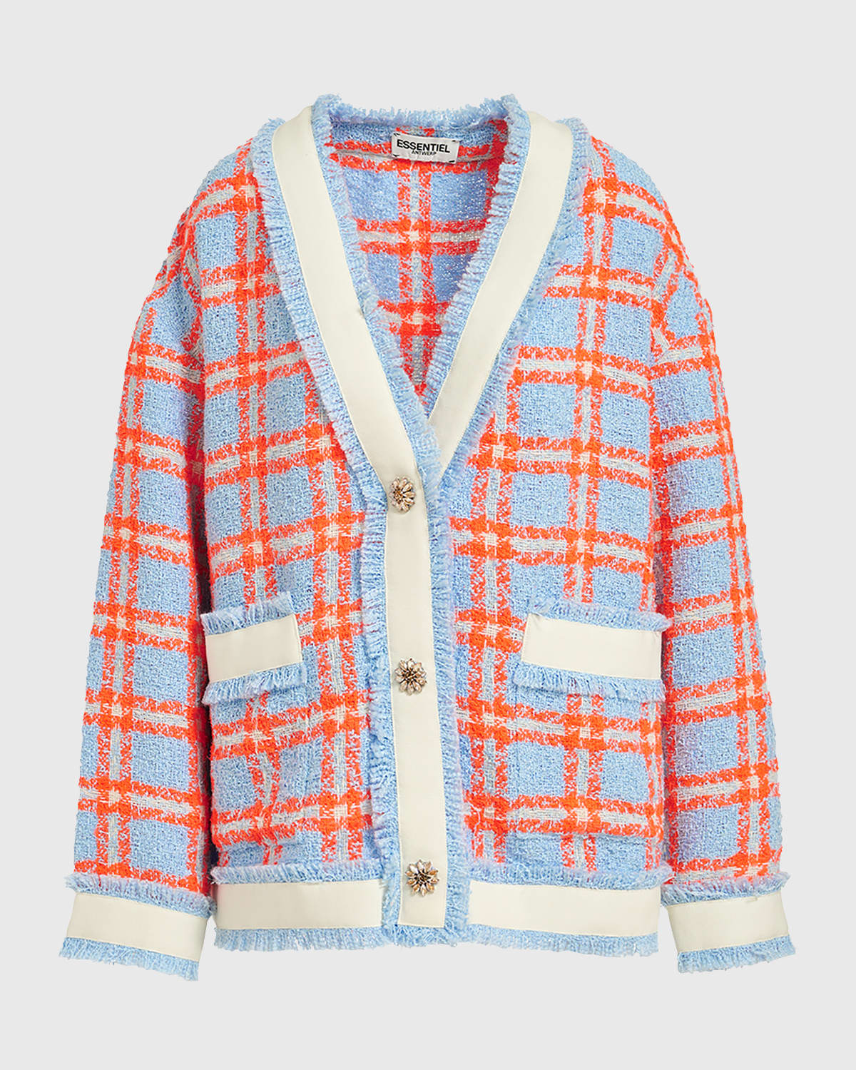 Shop Essentiel Antwerp Folivia Oversized Check Cardigan Jacket In Feeling Blue