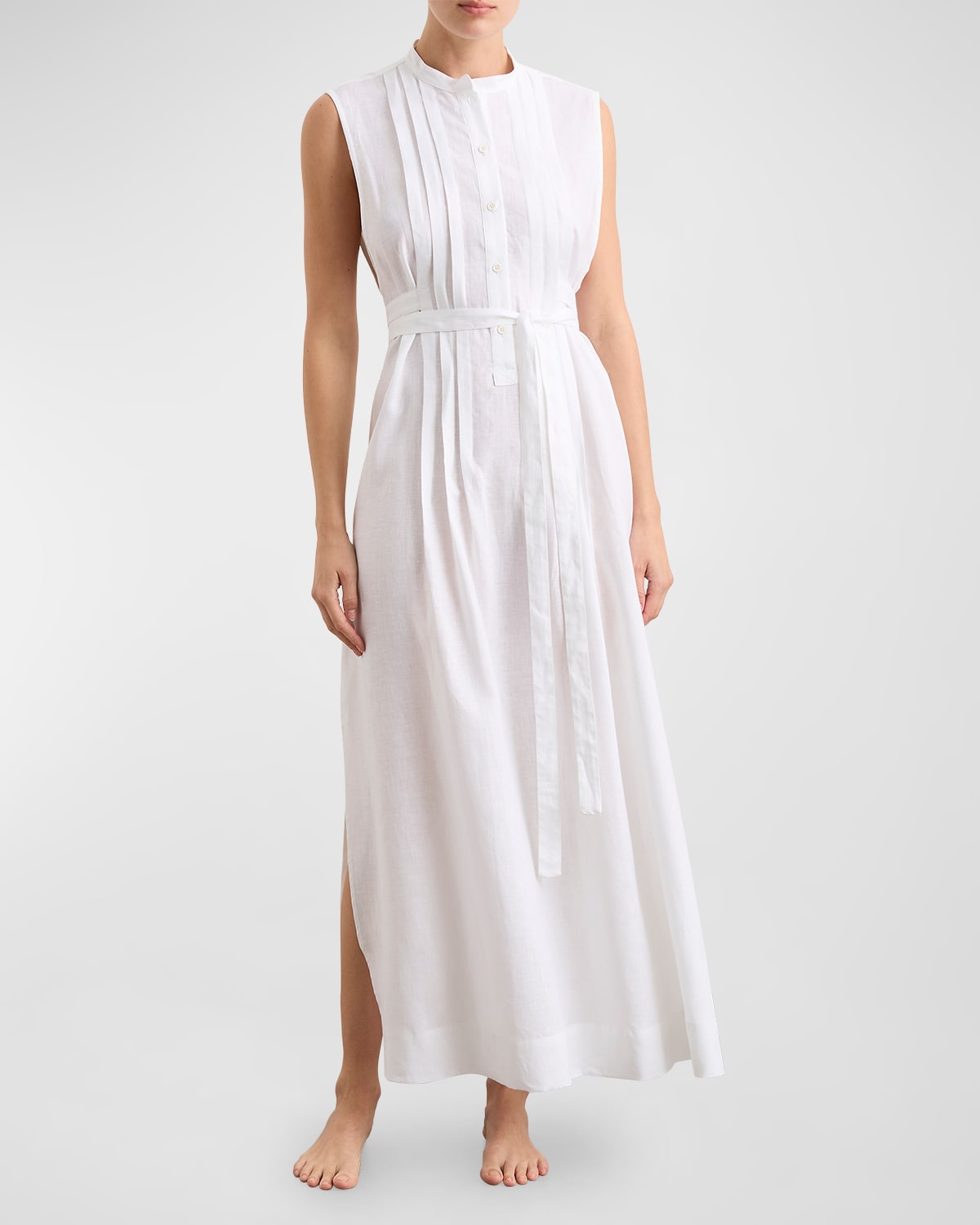 Bondi Born Lucca Sleeveless Organic Linen Tie-belt Maxi Dress In White