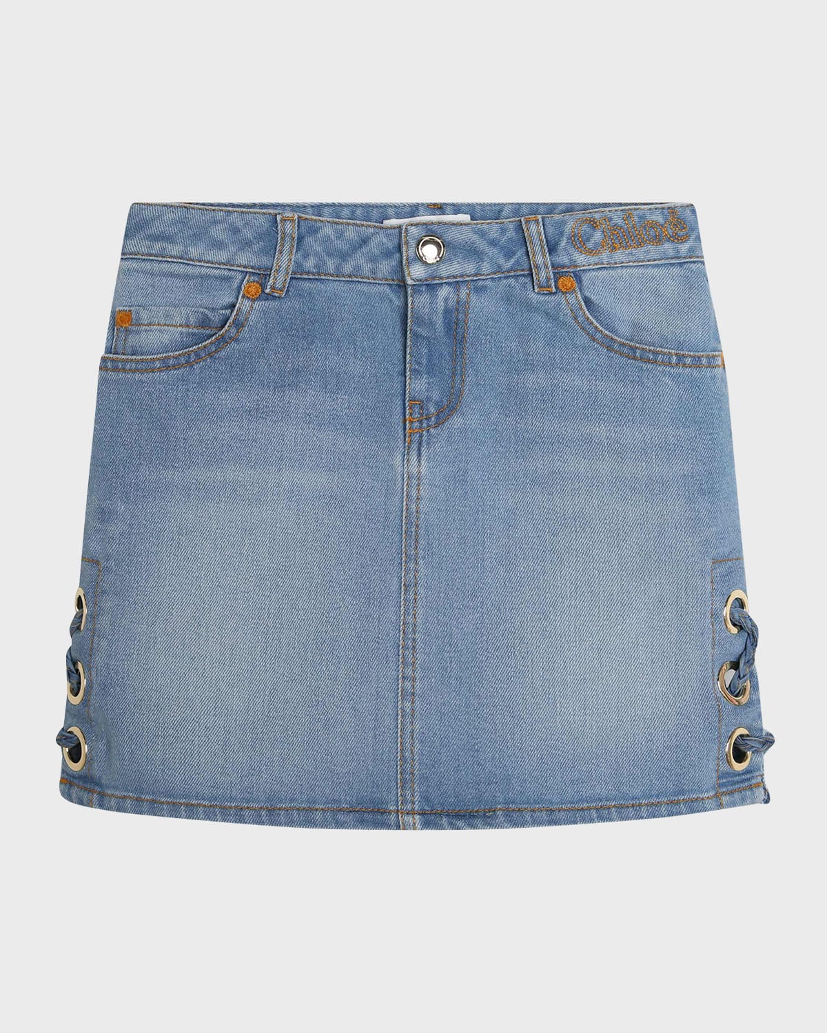 Shop Chloé Girl's Denim Skirt With Grommets In Bleach