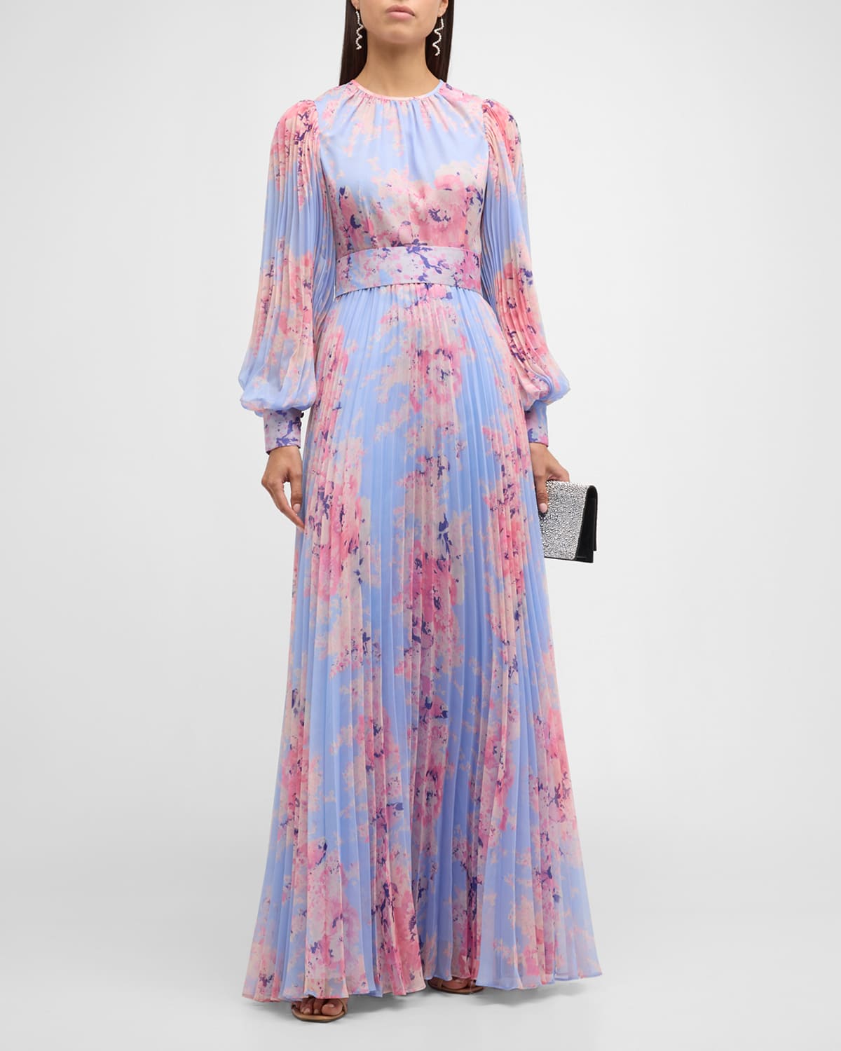 Rickie Freeman For Teri Jon Pleated Floral-print Blouson-sleeve Gown In Lt Blu Pnk
