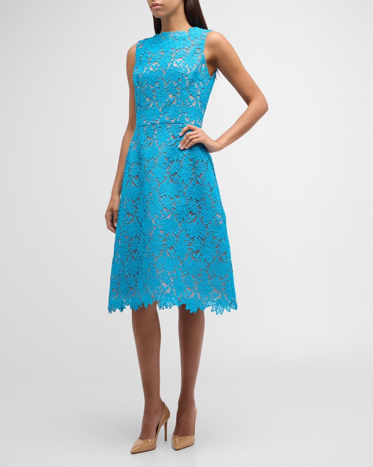 Rickie Freeman For Teri Jon Sleeveless Floral Lace Fit-&-flare Midi Dress In Turquoise