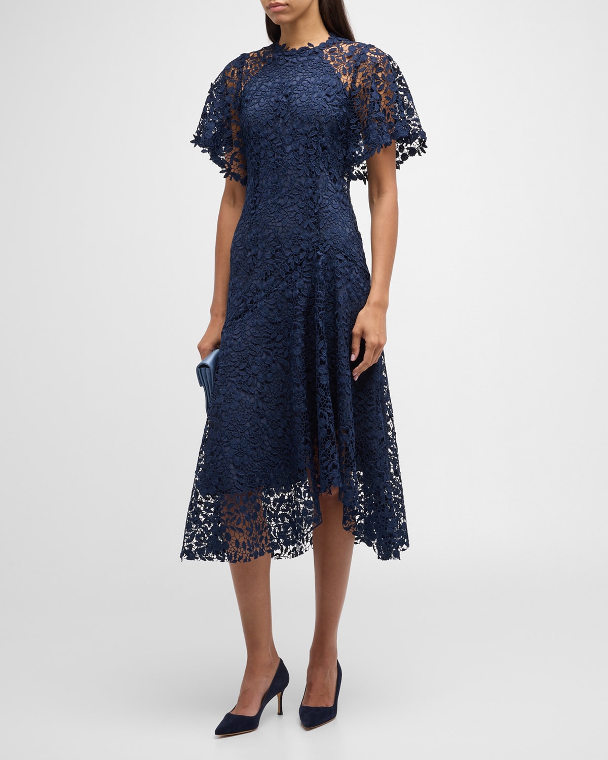 Rickie Freeman For Teri Jon Asymmetric A-line Floral Lace Midi Dress In Navy