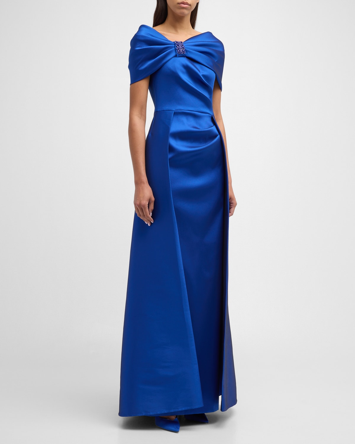 Rickie Freeman For Teri Jon Pleated Off-shoulder Jewel-embellished Gown In Royal Blue