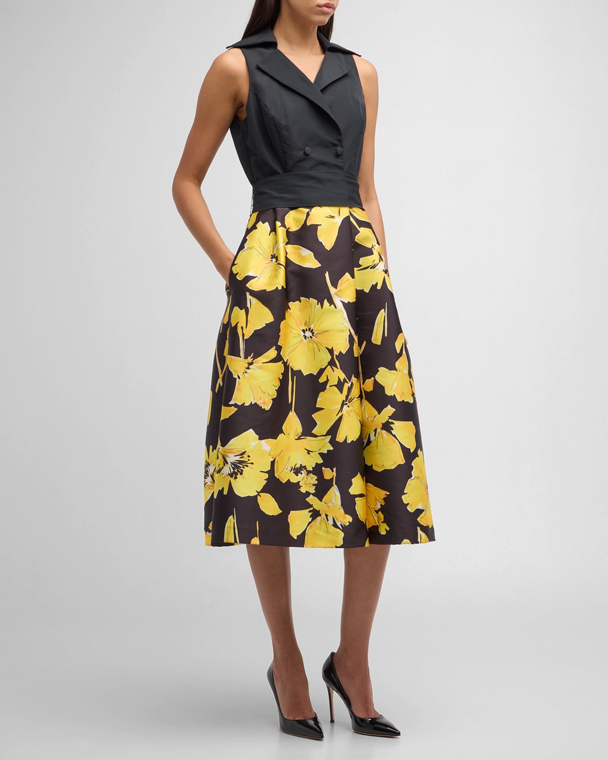 Rickie Freeman For Teri Jon Sleeveless Floral-print Taffeta Midi Shirtdress In Black Yellow
