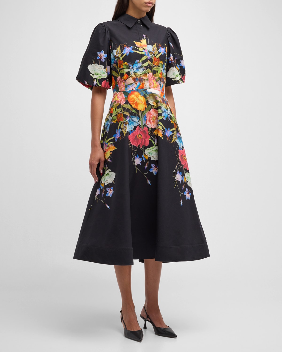 Rickie Freeman For Teri Jon Puff-sleeve Floral-print Midi Shirtdress In Black Mult