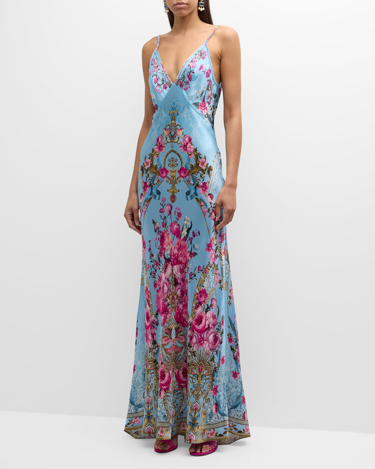 Shop Camilla V-neck Long Bias Silk Slip Dress With Train In Down The Garden Path