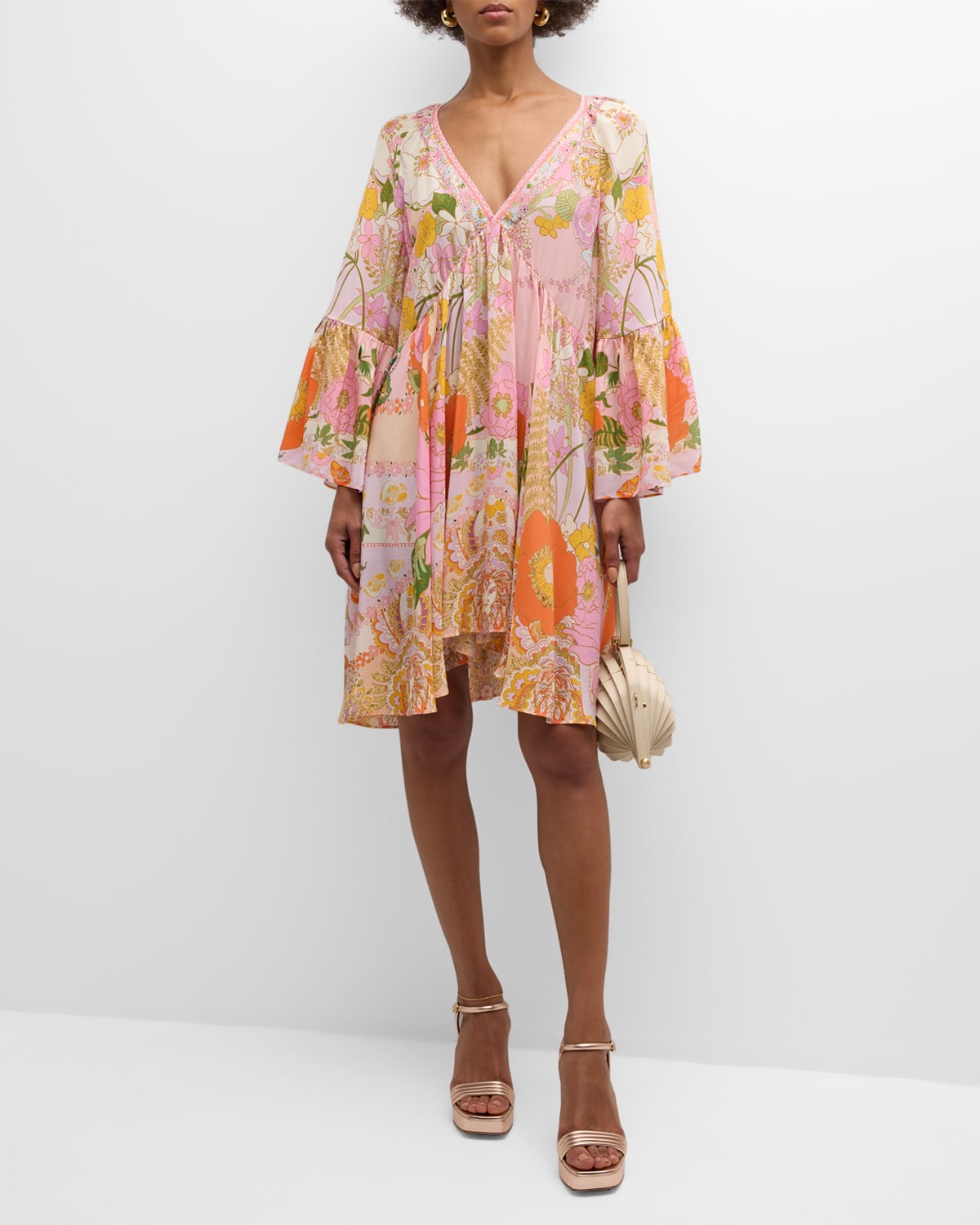 Shop Camilla Silk A-line Ruffle-sleeve Mini Dress In Clever Clogs