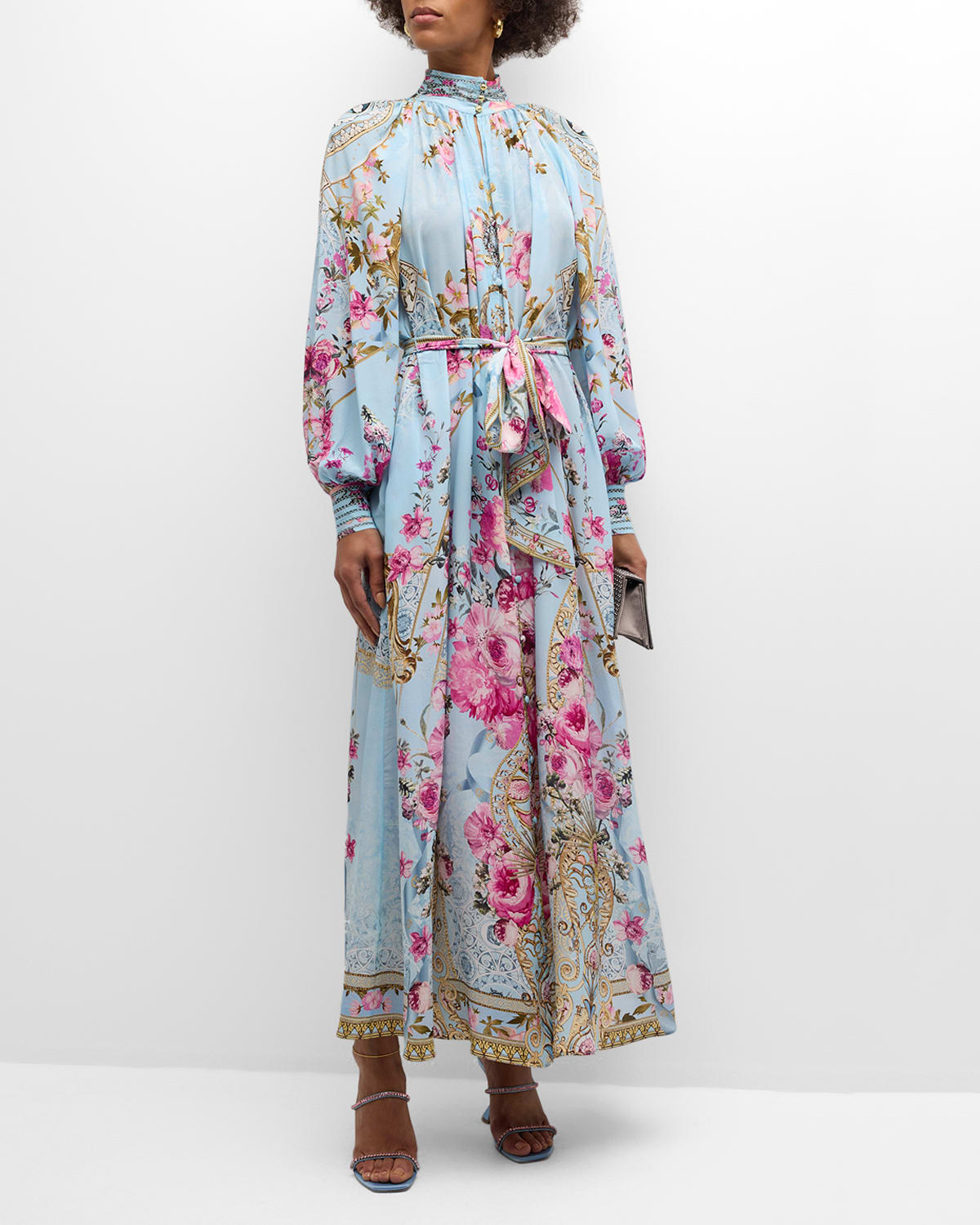 Raglan-Sleeve Floral Silk Midi Shirtdress
