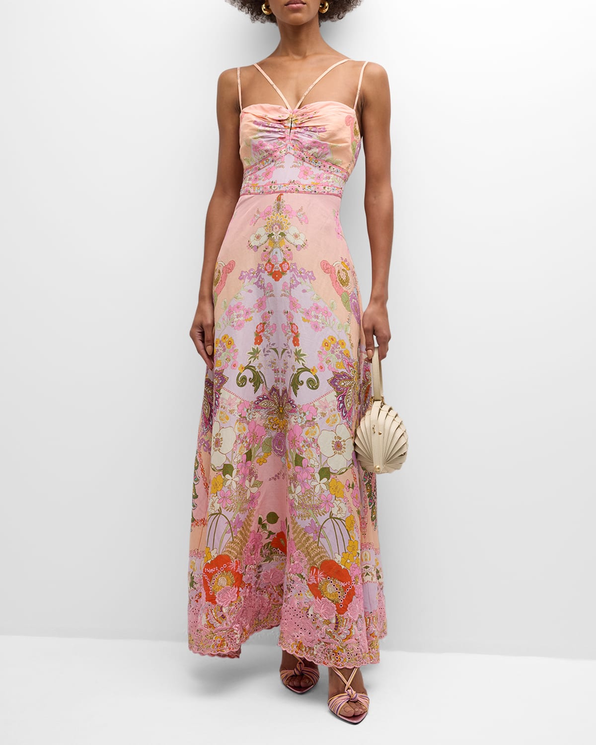 Strappy Folkart Floral Linen Midi Dress