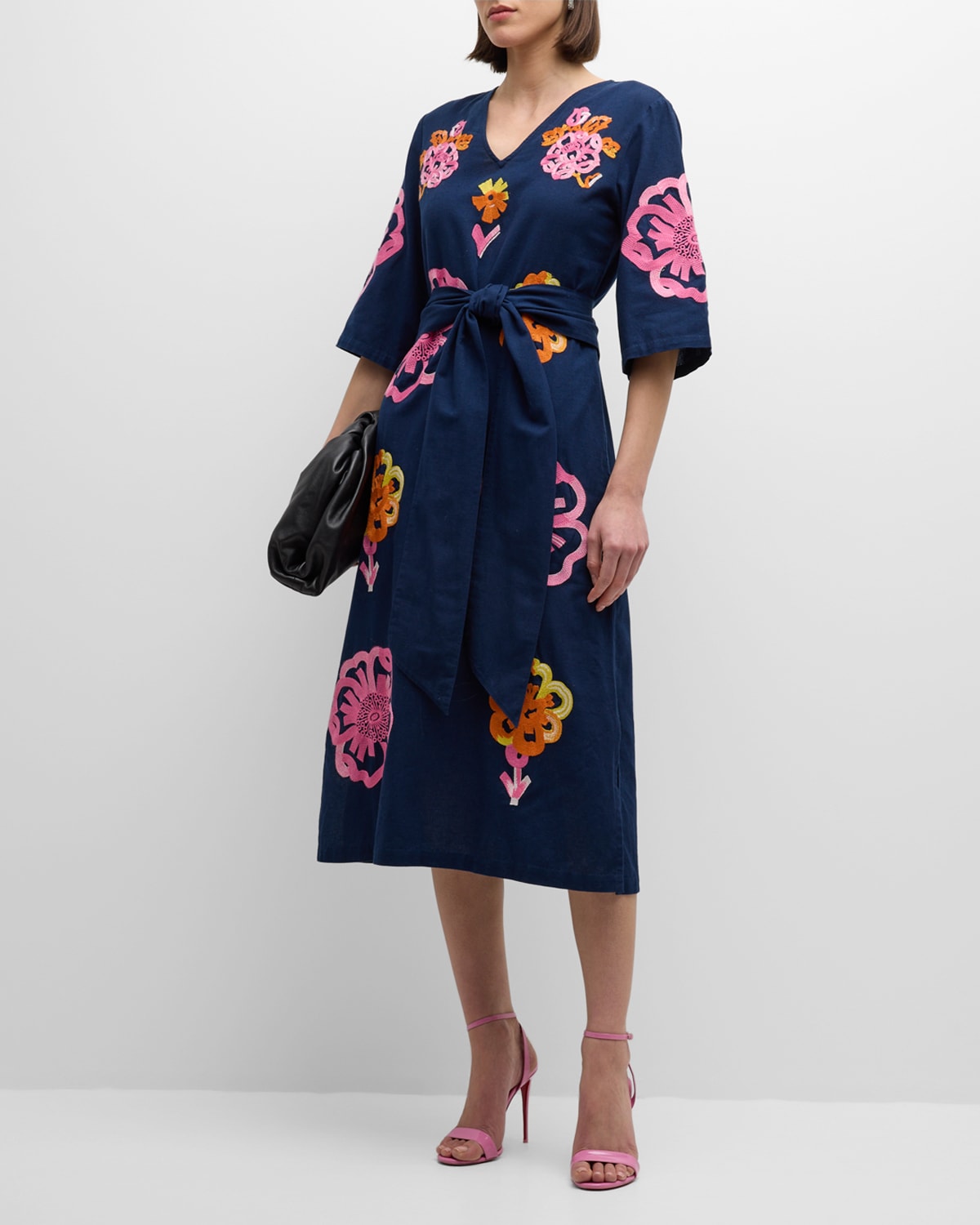 Frances Valentine Emi Floral-embroidered Cotton-linen Midi Dress In Navy/pink