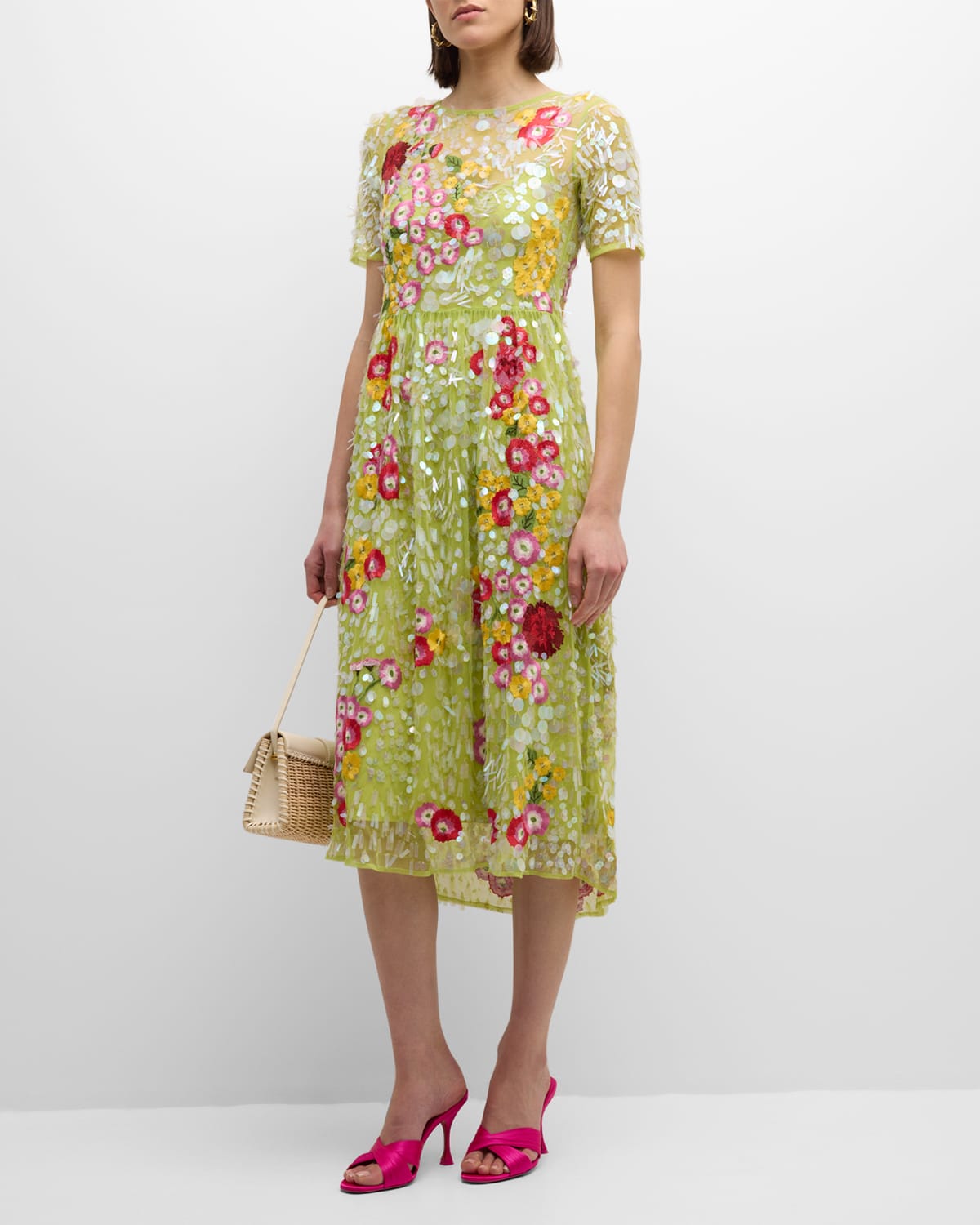 Faith Floral-Embroidered Sequin Midi Dress