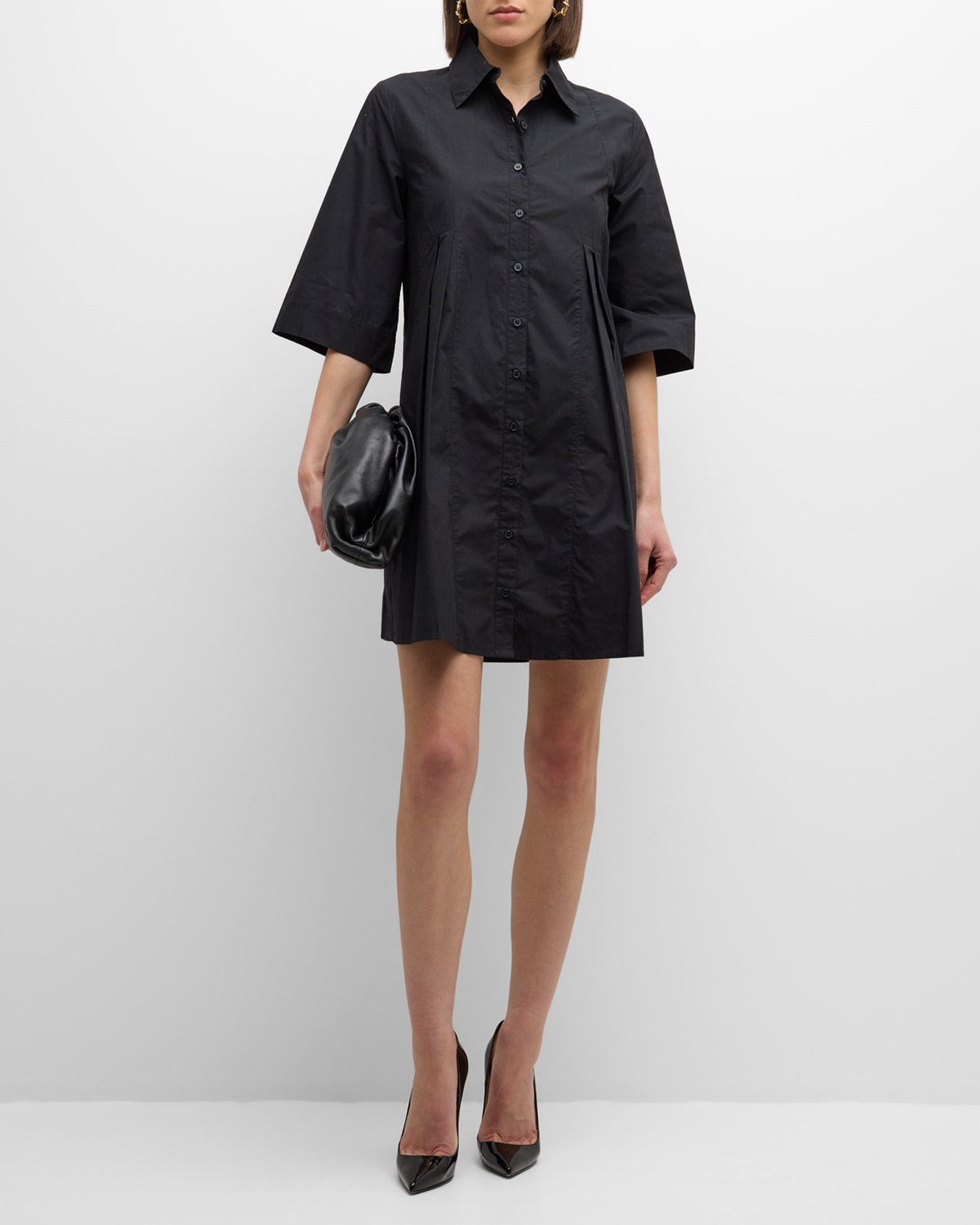 Frances Valentine Isla Pleated Mini Shirtdress In Black In Black