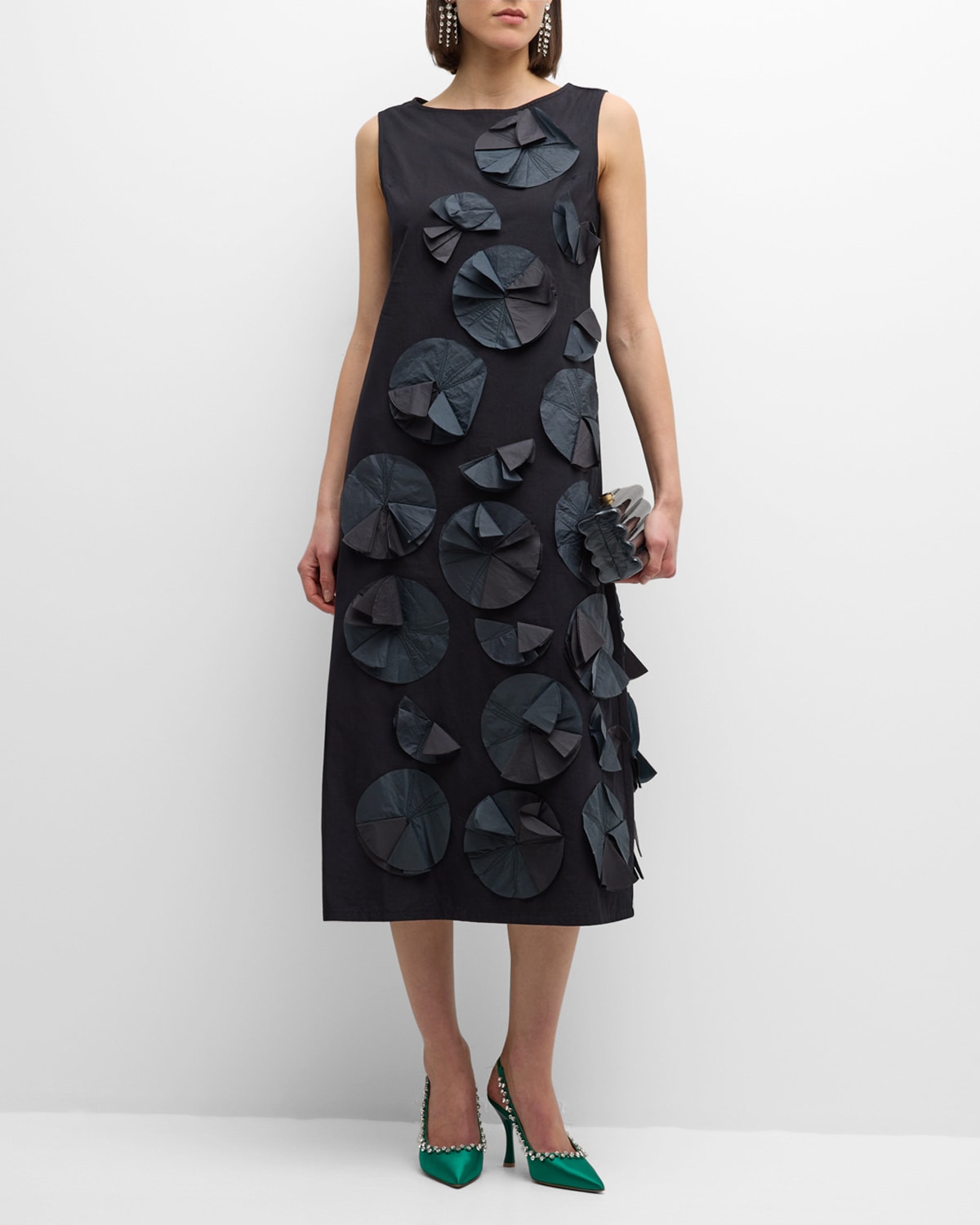 Origami Sleeveless Floral Applique Midi Dress