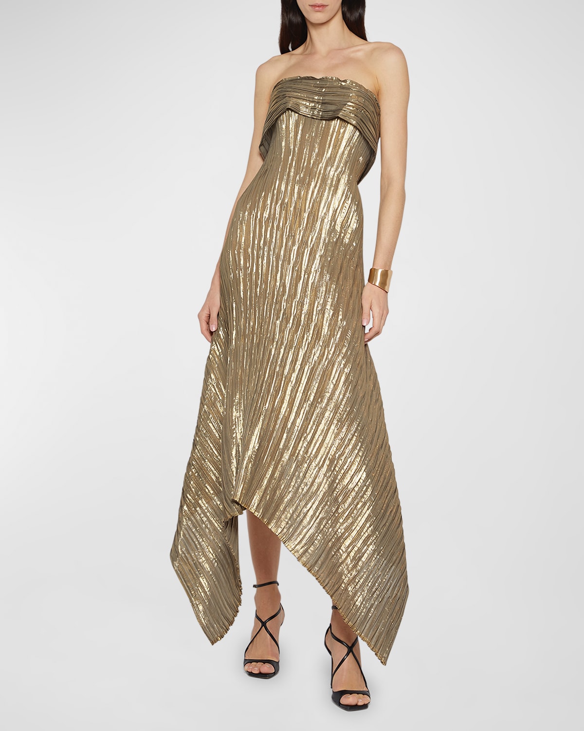 Atelier Prabal Gurung Strapless Metallic Plisse Pannier-panel Midi Dress In Gold
