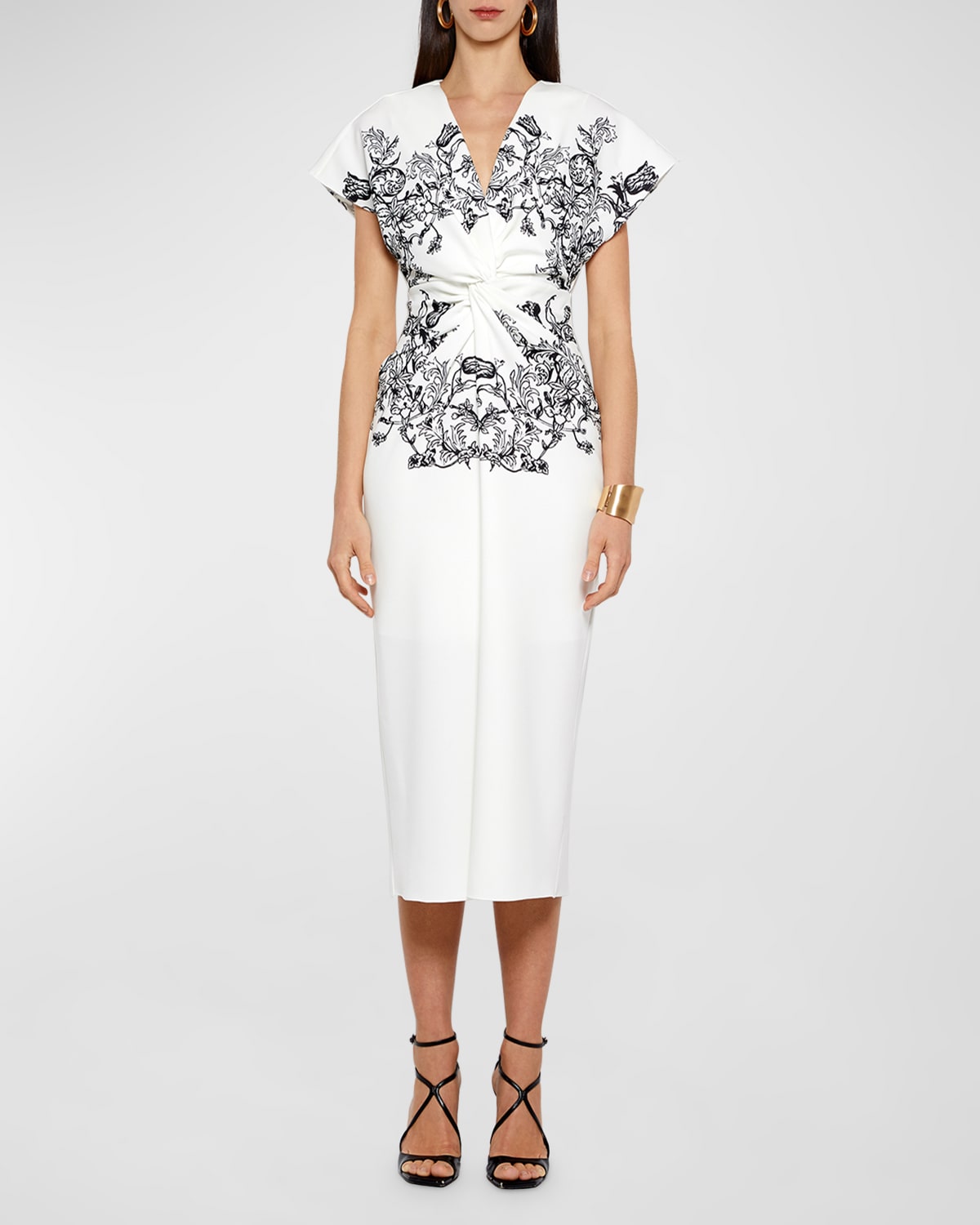 Atelier Prabal Gurung Jackie Twisted Floral-print Short-sleeve Slit Midi Dress In Black White