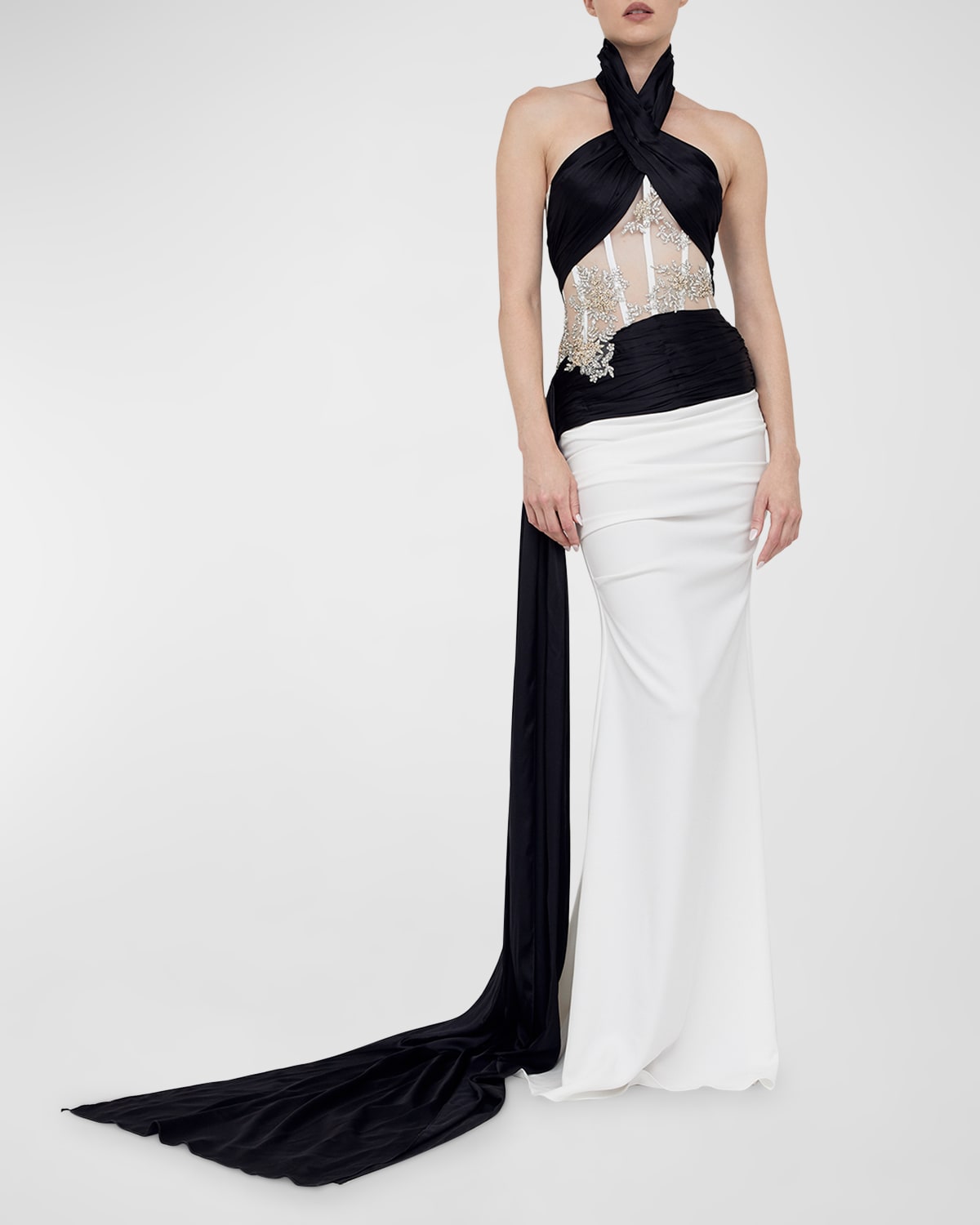Atelier Prabal Gurung Joan Colorblock Crystal-embellished Sheer Corset Halter Gown In White Black