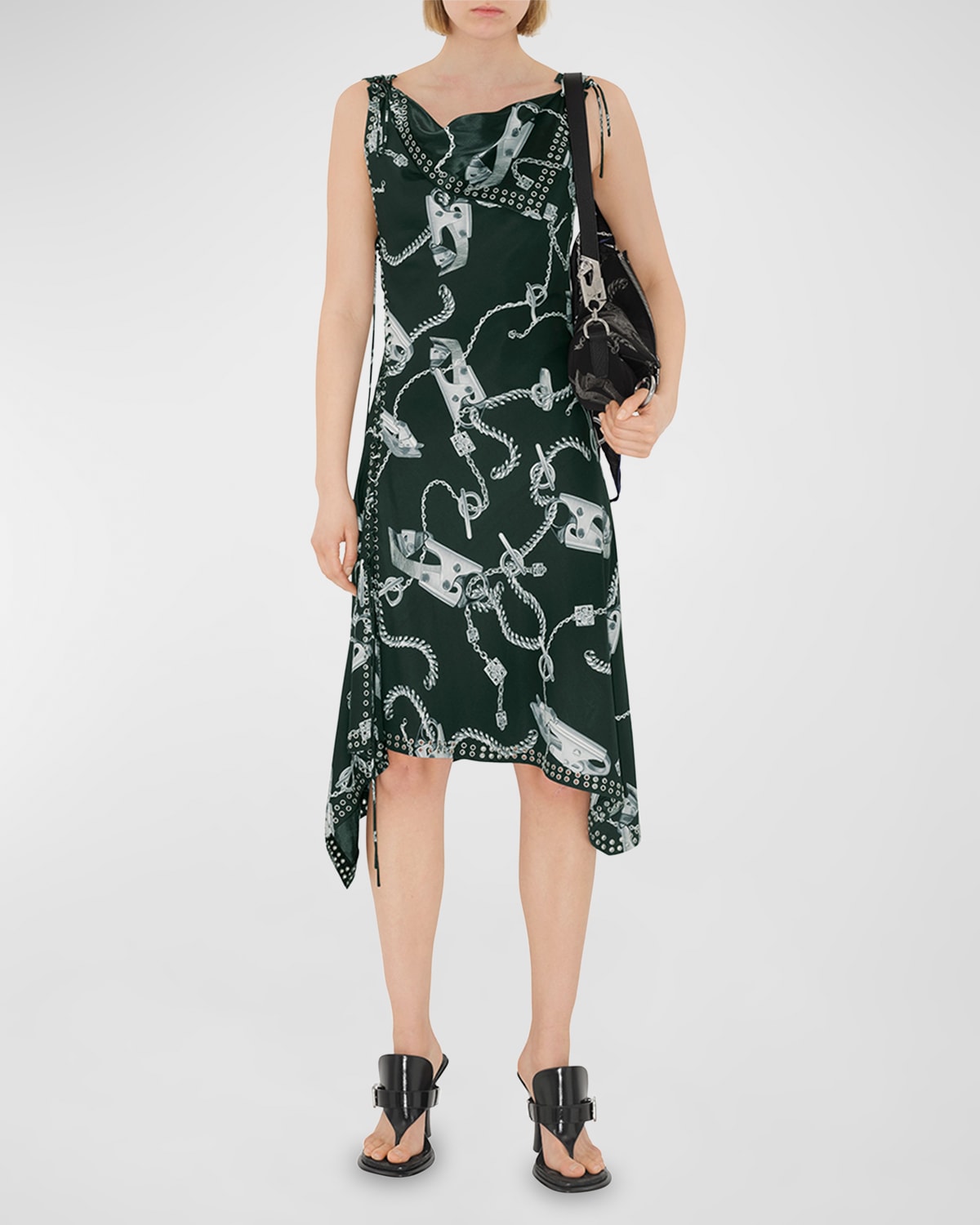 Burberry Asymmetrical Printed Midi Dress With Grommet Detail In Green