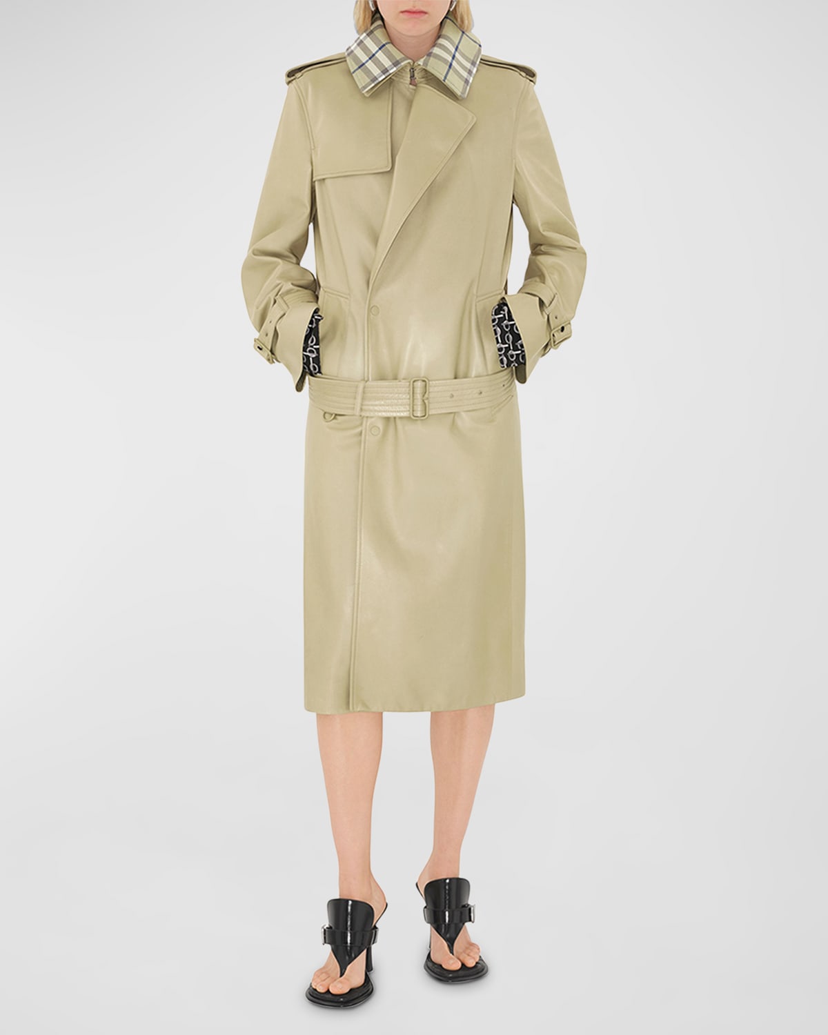 Shop Burberry Leather Trench Coat With Check Collar In Hunter