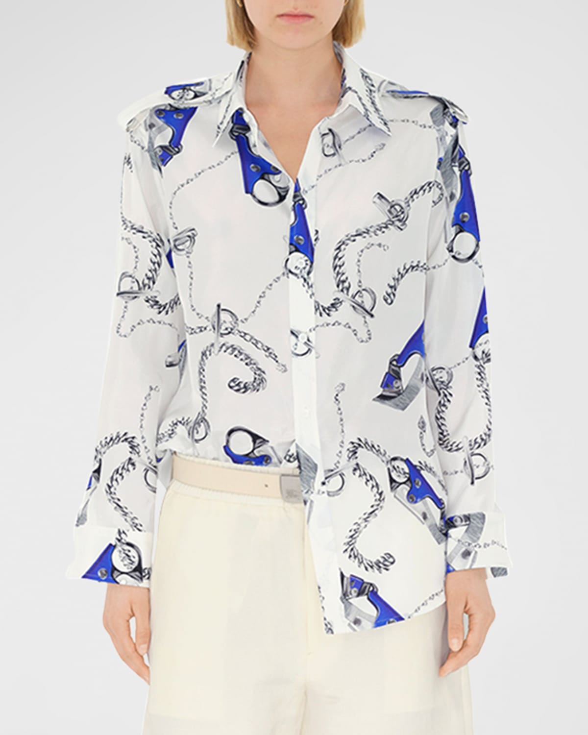 Shop Burberry Chain Print Collared Button-front Shirt In Blue/white