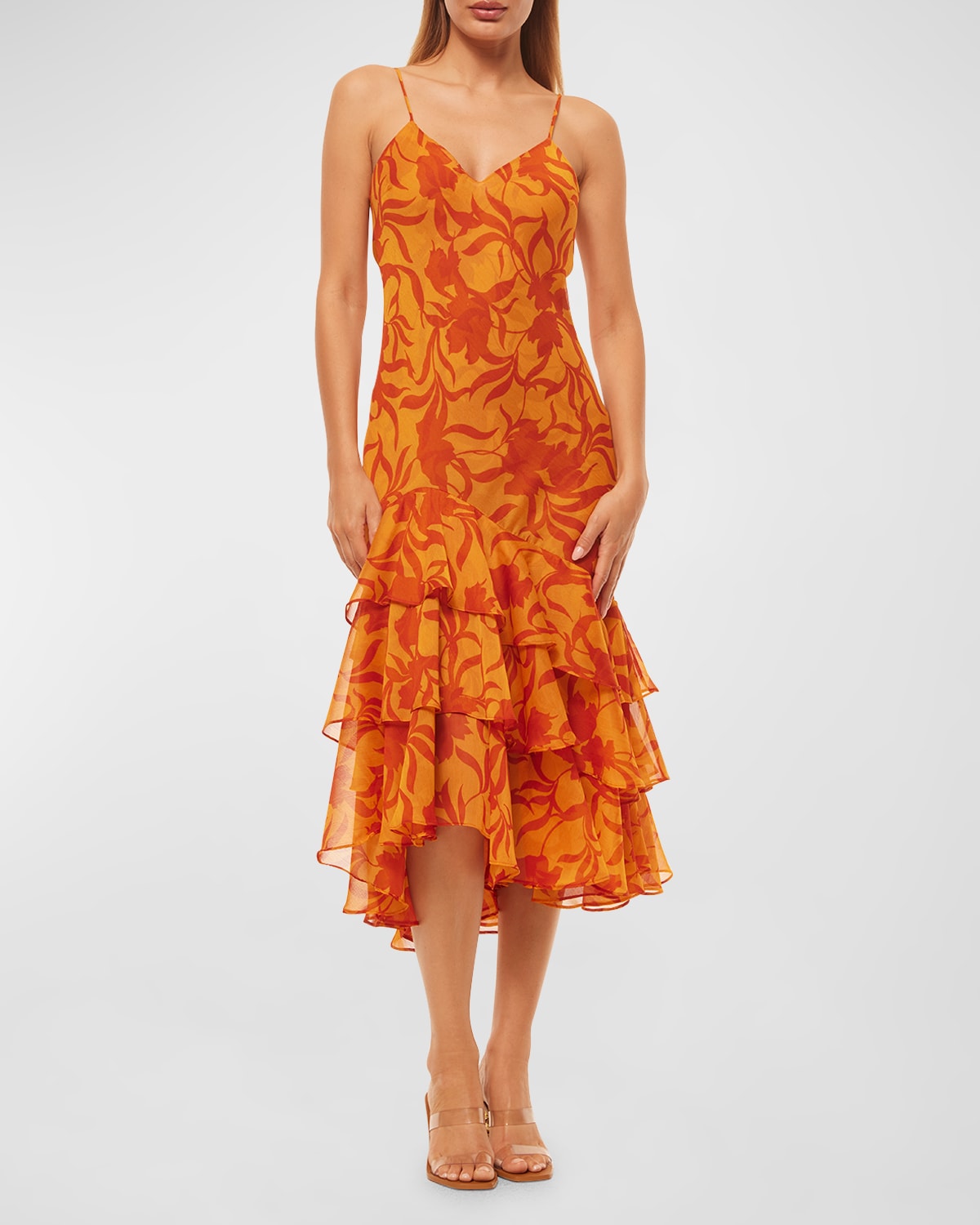 Misa Marisa Sleeveless Floral Midi Party Dress In Atlas Flrl-persim