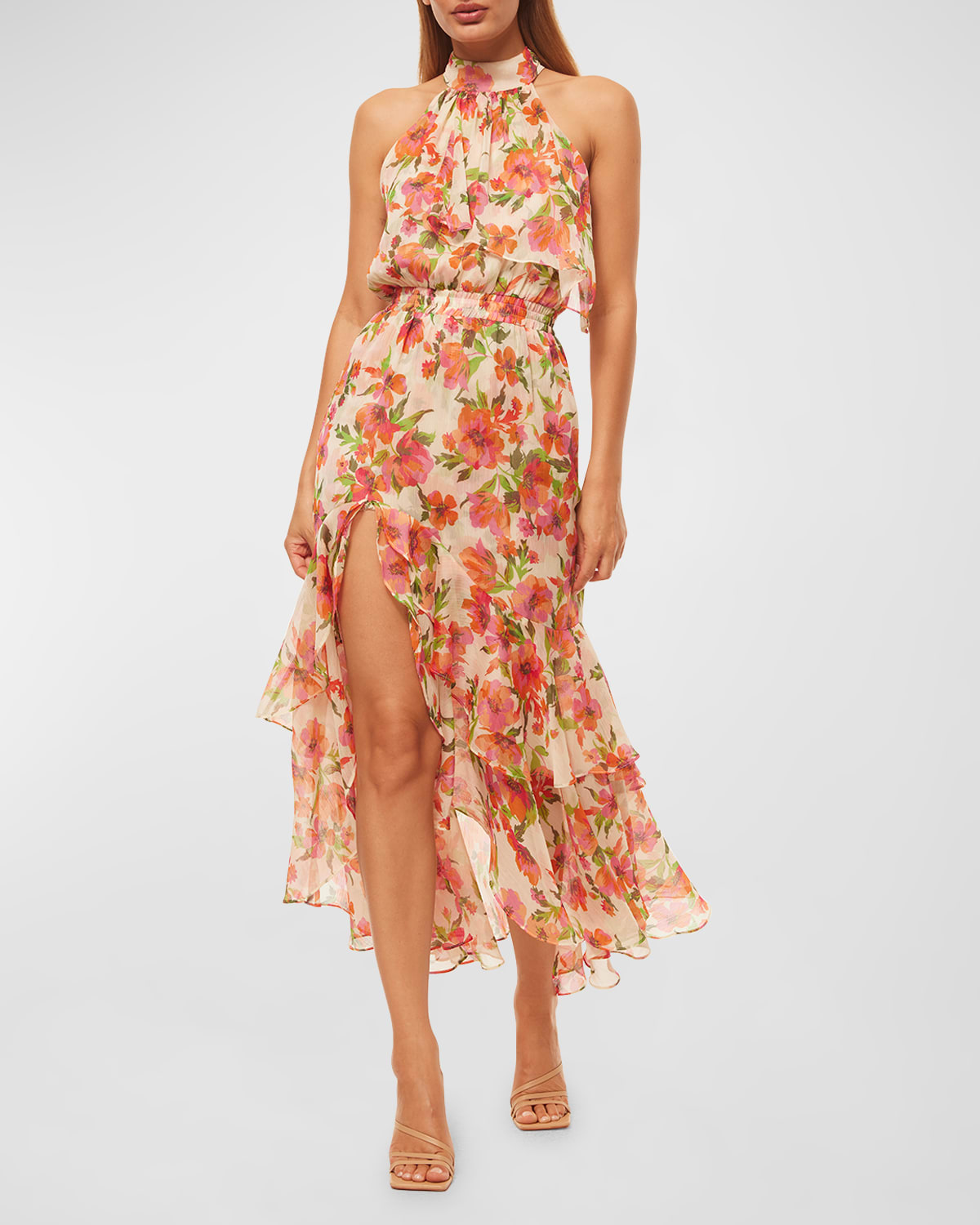 Aneva Floral-Print Sleeveless Ruffle Midi Dress