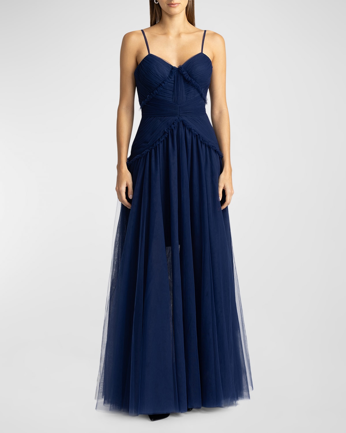 Shop Zac Posen Sleeveless Pleated Tulle Gown In Knight