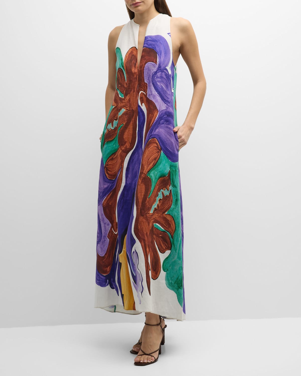 Rainbow Flames Abstract-Print Linen Maxi Dress