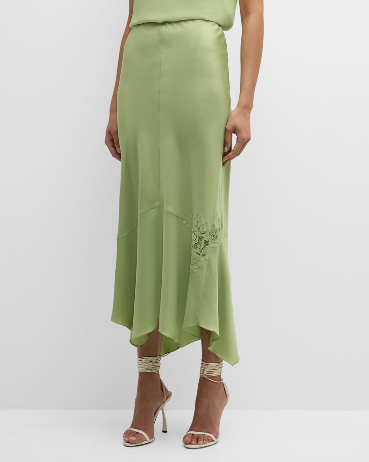 Shop Dorothee Schumacher Sensual Coolness Lace-trim Silk Midi Skirt In Happy Green