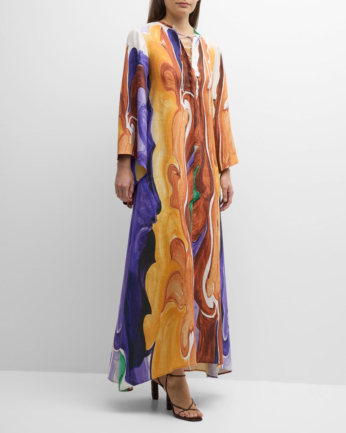 Rainbow Flames Printed Lace-Up Linen Maxi Dress