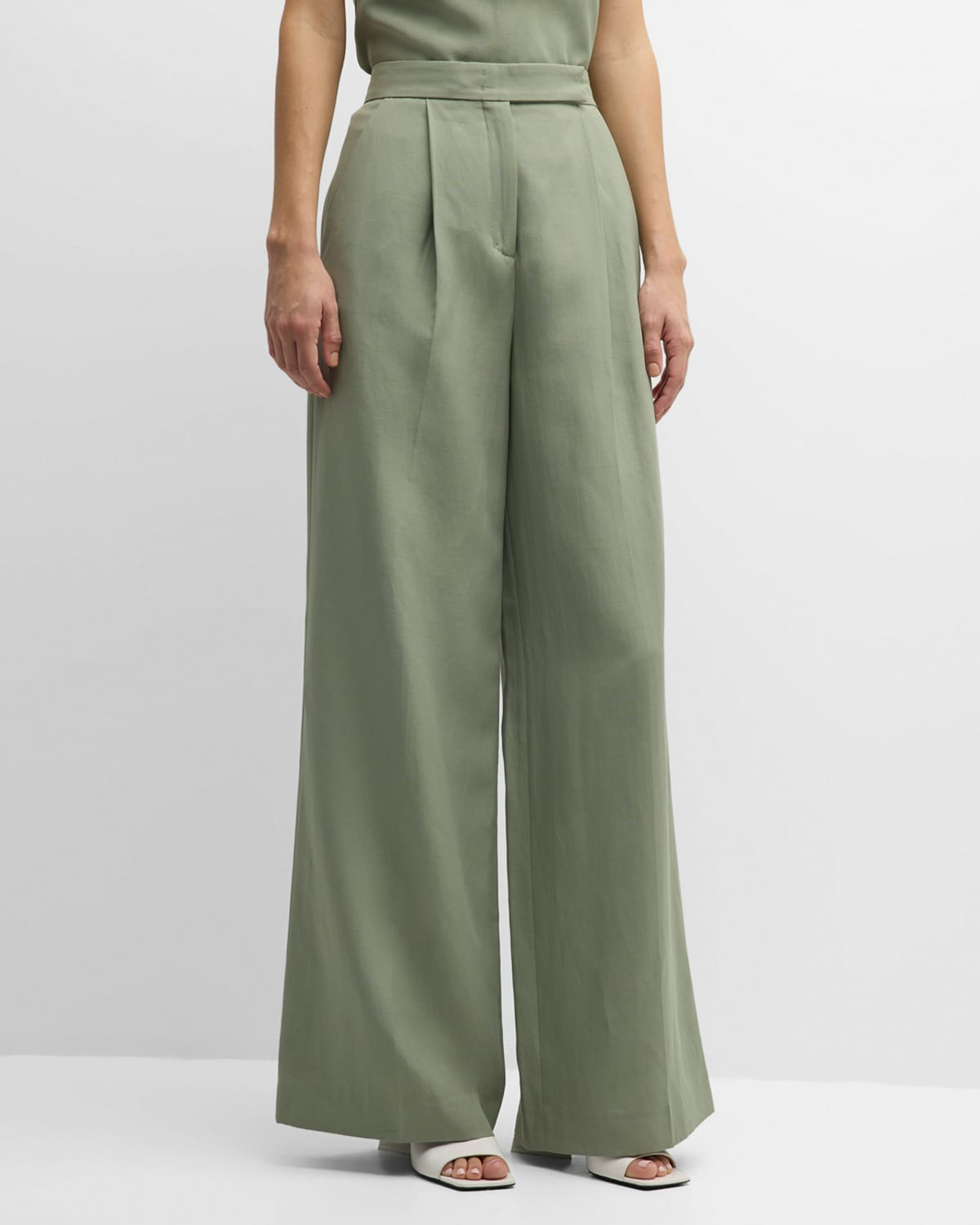 Shop Dorothee Schumacher Summer Cruise High-rise Pleated Wide-leg Pants In Pale Khaki