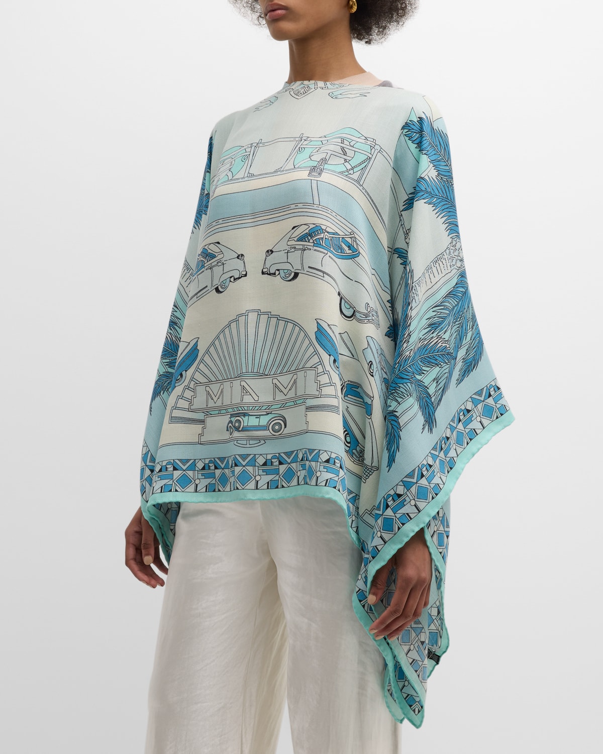 Shop Rani Arabella Miami Aqua Print Cashmere-blend Poncho
