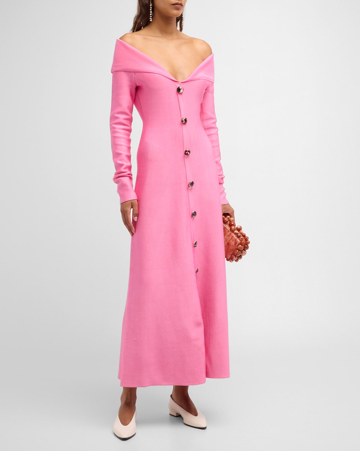Lela Rose Off-the-shoulder Long-sleeve Button-front Midi Dress In Peony