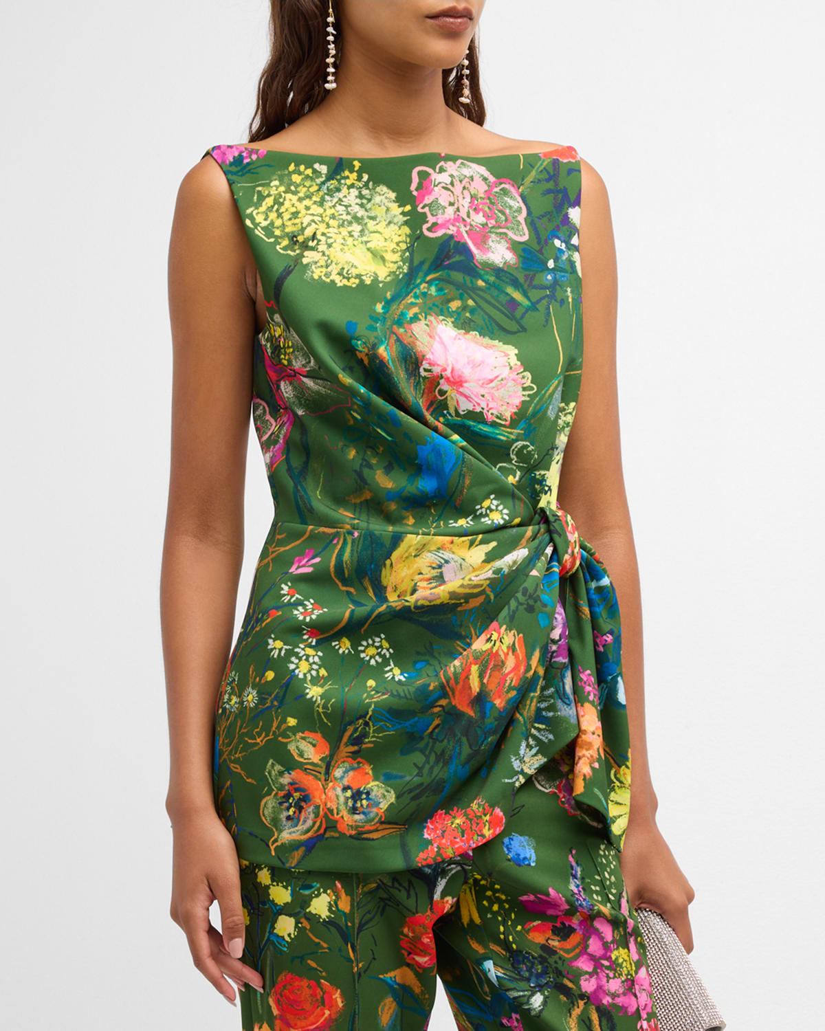 Lela Rose Floral-print Boat-neck Sleeveless Draped Top In Moss