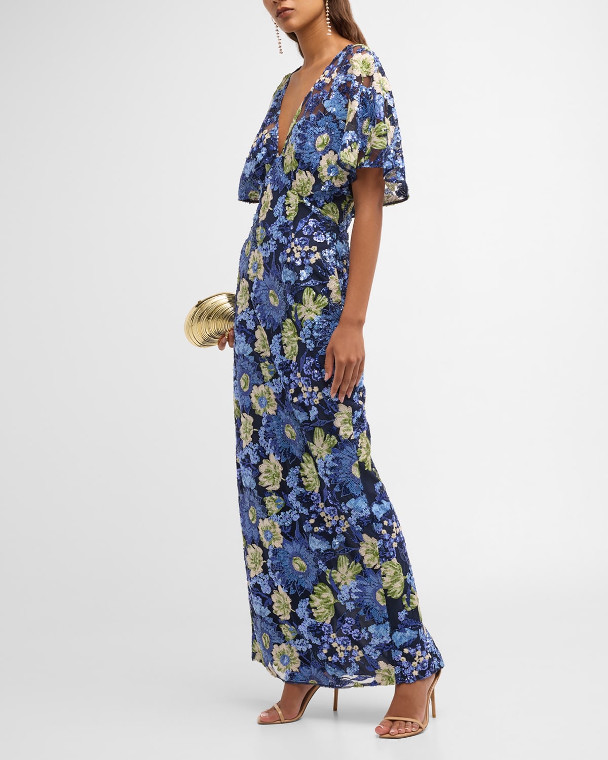 V-Neck Flower Sequin Cape-Sleeve Column Maxi Dress