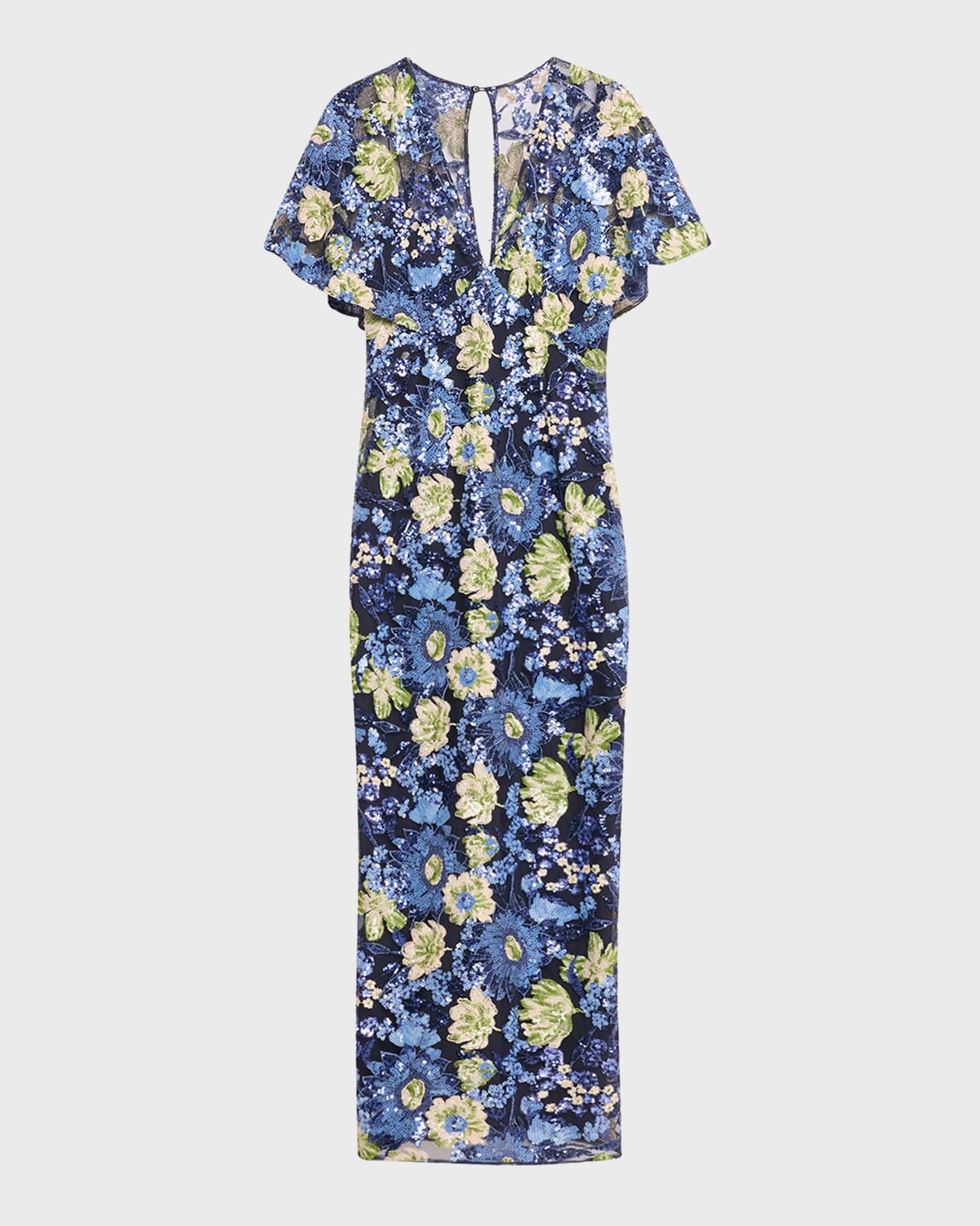 Lela Rose V-neck Flower Sequin Cape-sleeve Column Maxi Dress In Navy