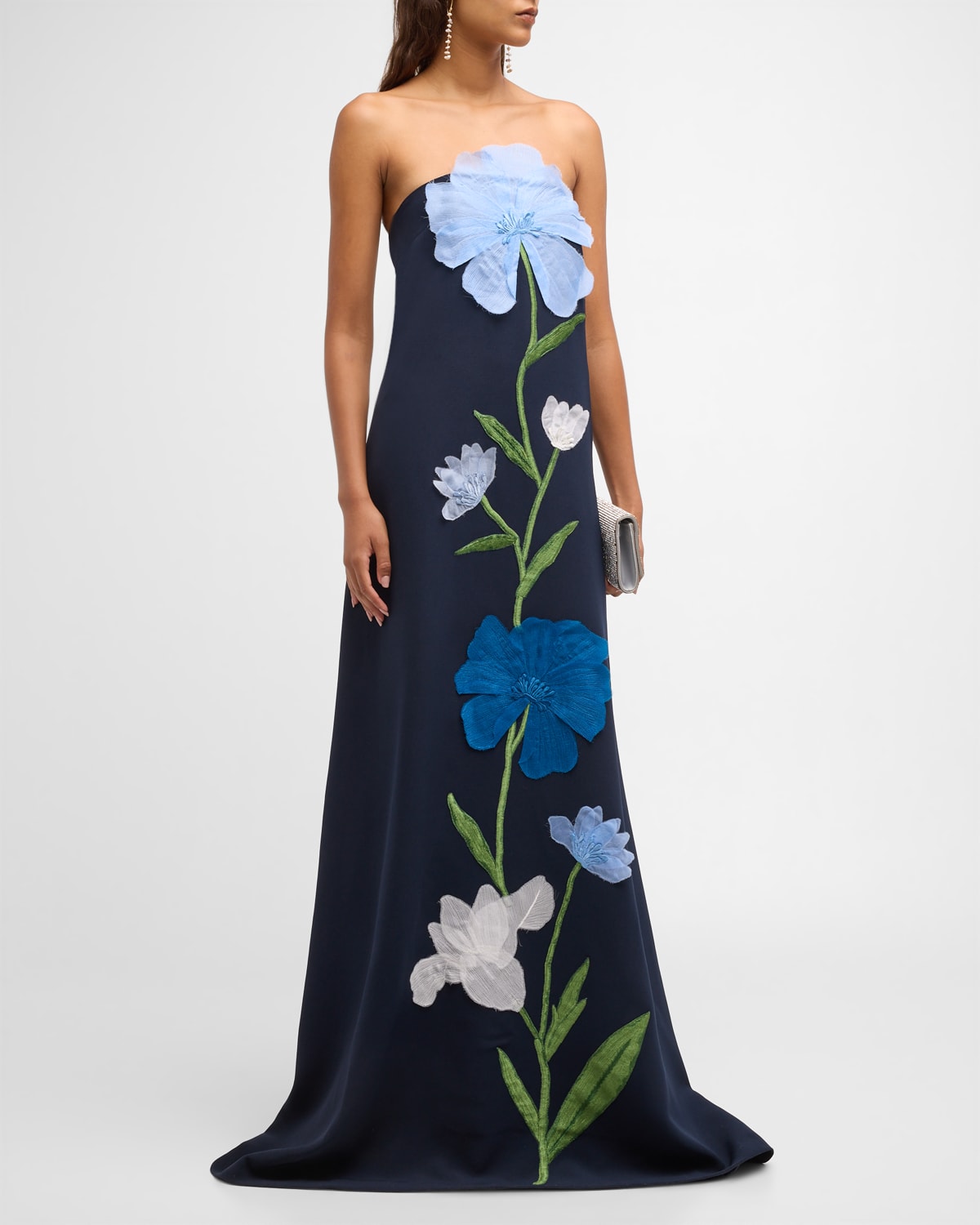 Lela Rose Strapless Floral Embroidered Gown In Navy