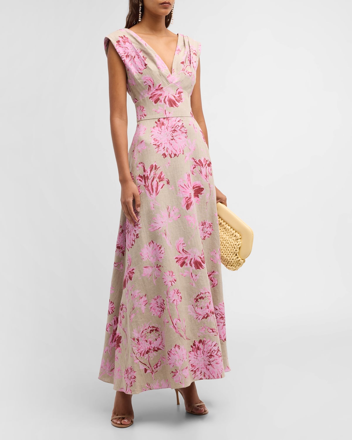 Lela Rose V-neck Floral-print Sleeveless Empire-waist Maxi Dress In Peony